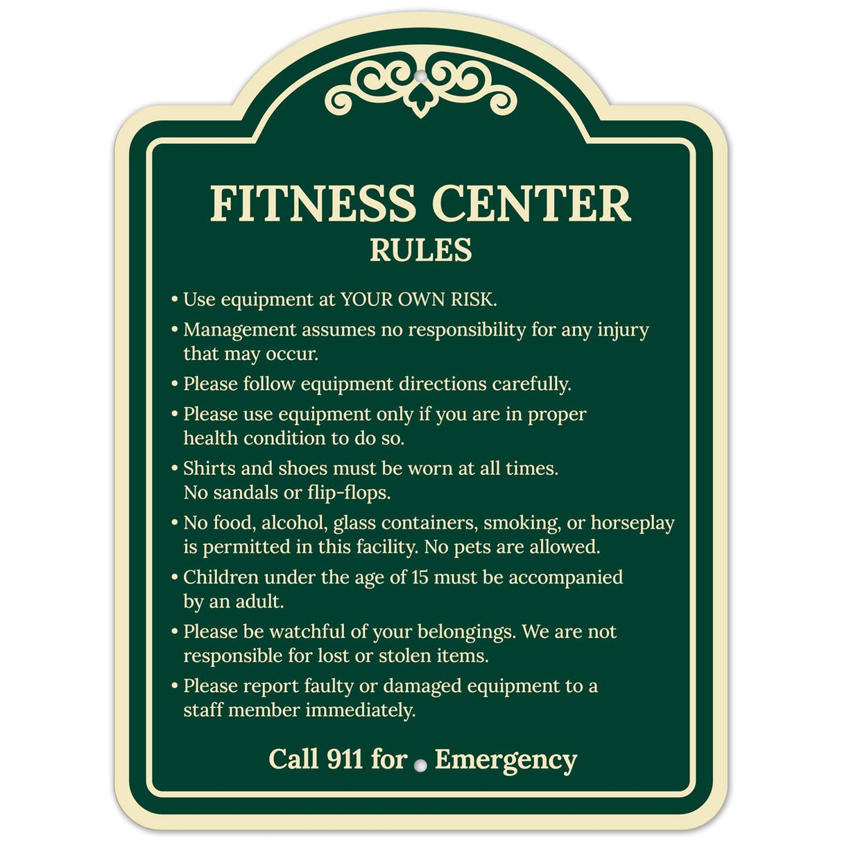 Sigo Signs, Fitness Center Rules Use Equipment at Your Own Risk Décor Sign, Green Light, 12x18 Inches, ACM, Fade Resistant, Made in USA