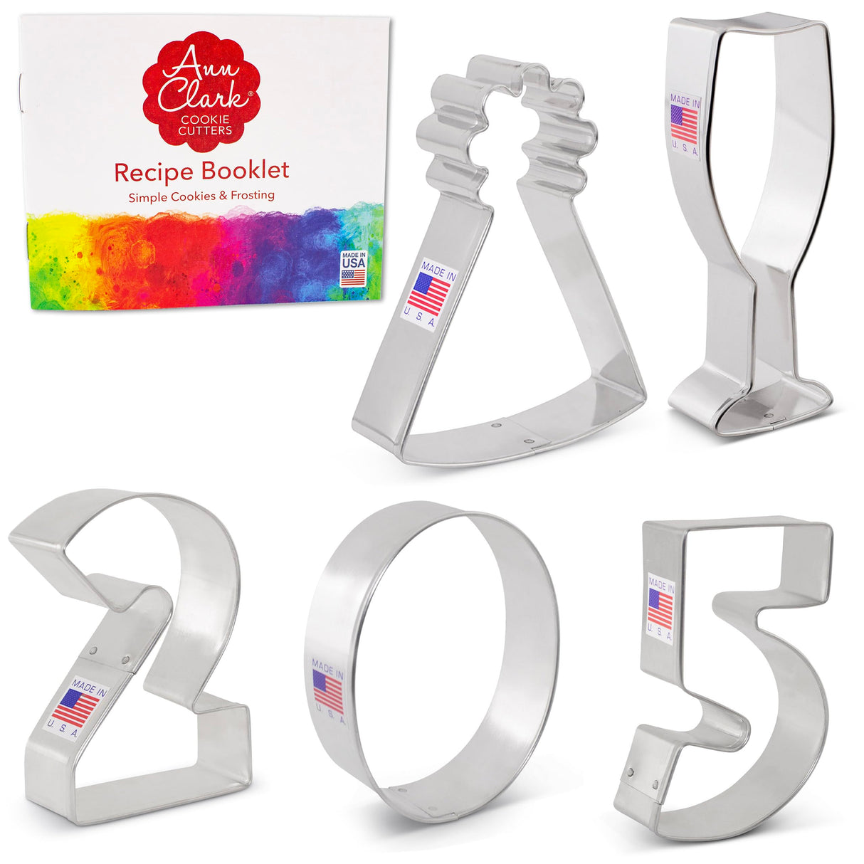 New Year's Eve 2025 Cookie Cutters 5-Pc. Set Made in USA by Ann Clark, Party Hat, Champagne Glass, Numbers 2, 0, 5