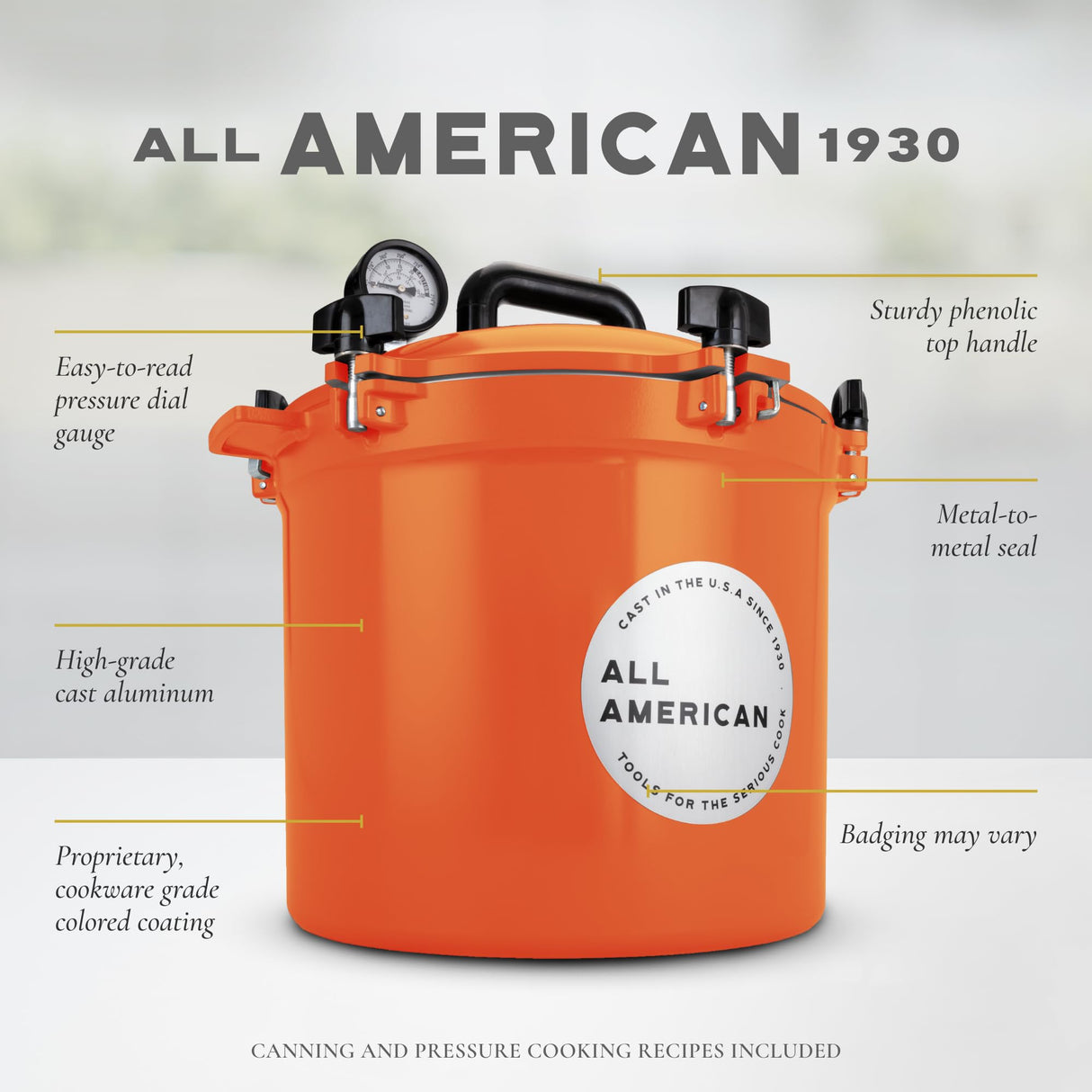 All American 1930: 10.5qt Pressure Cooker/Canner (The 910) - Exclusive Metal-to-Metal Sealing System - Easy to Open & Close - Suitable for Gas, Electric, or Flat Top Stoves - Made in the USA