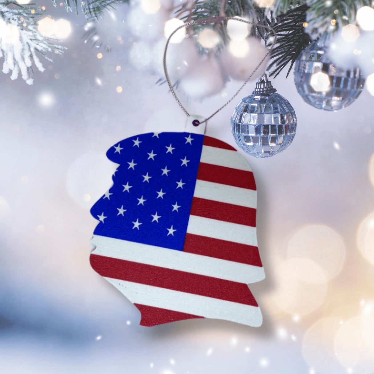 American Flag Trump Head Silhouette Christmas Ornament | Donald Trump Patriotic Holiday Ornament | Made in USA (Trump)