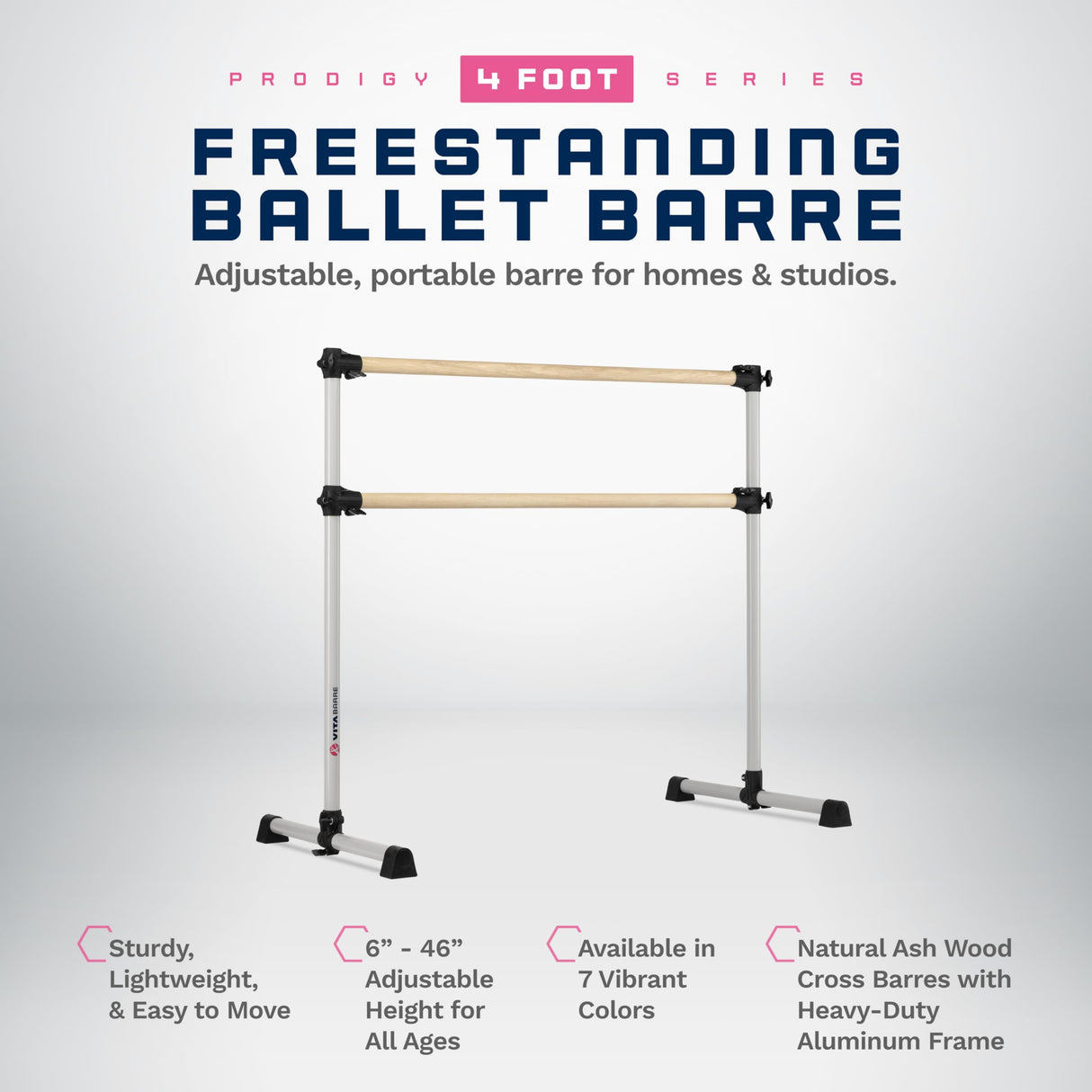VITA Barre Portable Freestanding Double Ballet Barre, Prodigy, Wood | Adjustable Height, USA Made, Home or Gym Exercise Equipment for Kids & Adults | Dance, Fitness, Pilates