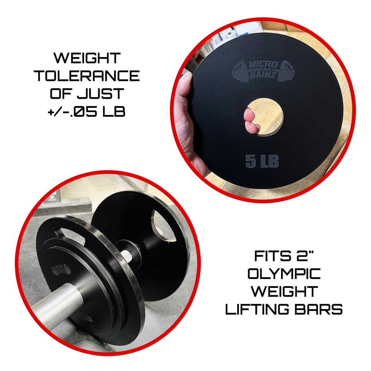 Micro Gainz Steel Olympic Barbell Weight Set of 2 Plates, 2.5lb, 5lb or 10lb, Plate Set Designed for Strength Training & Loading Bar Weights, Made in USA