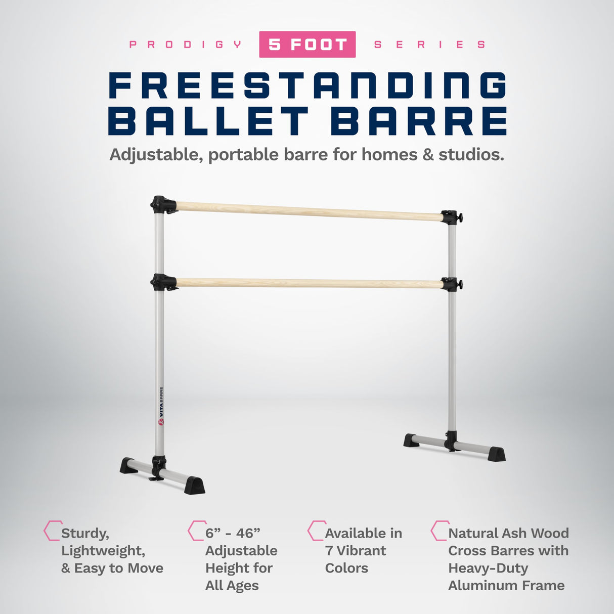 VITA Barre Portable Freestanding Double Ballet Barre, Prodigy, Wood | Adjustable Height, USA Made, Home or Gym Exercise Equipment for Kids & Adults | Dance, Fitness, Pilates