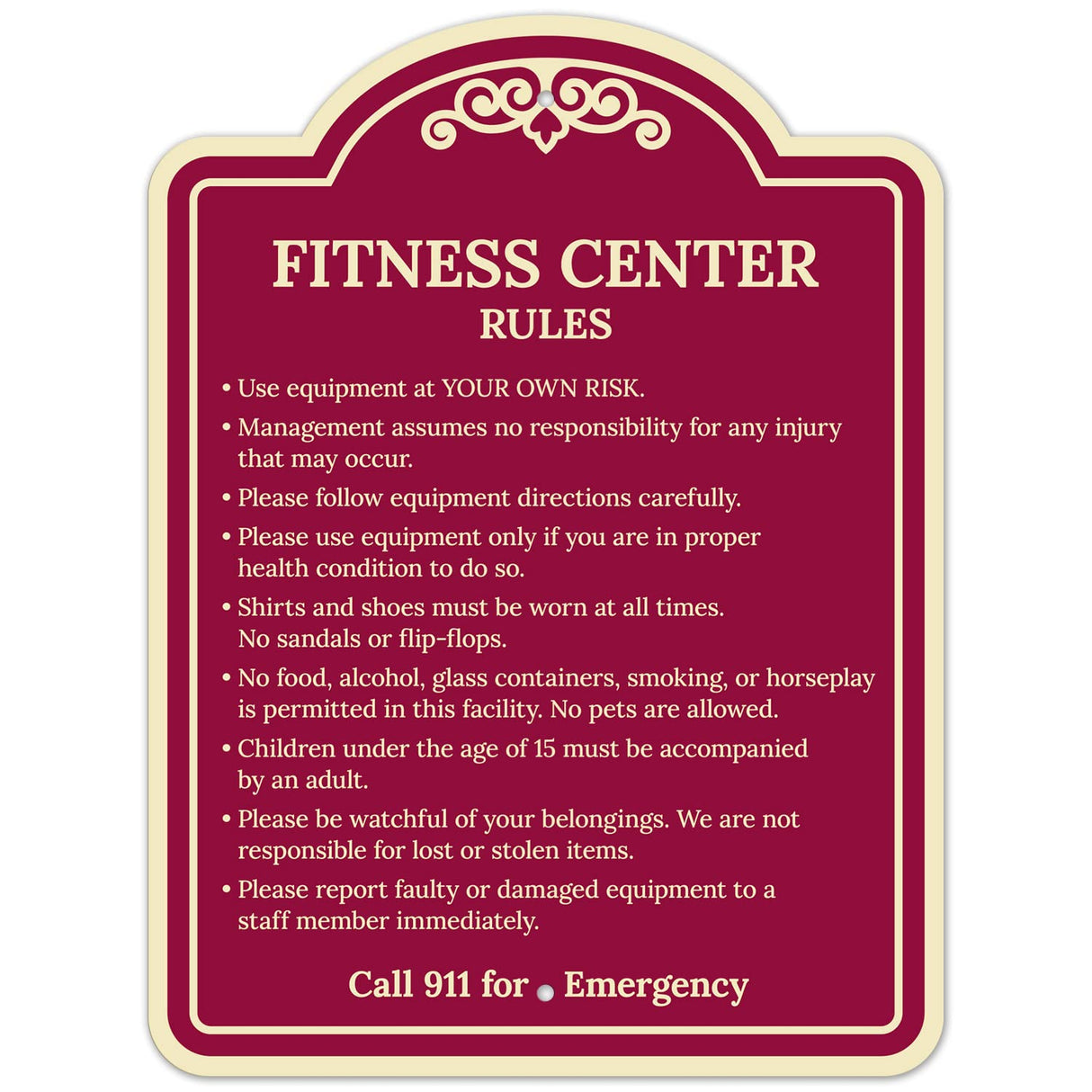 Sigo Signs, Fitness Center Rules Use Equipment at Your Own Risk Décor Sign, Green Light, 12x18 Inches, ACM, Fade Resistant, Made in USA