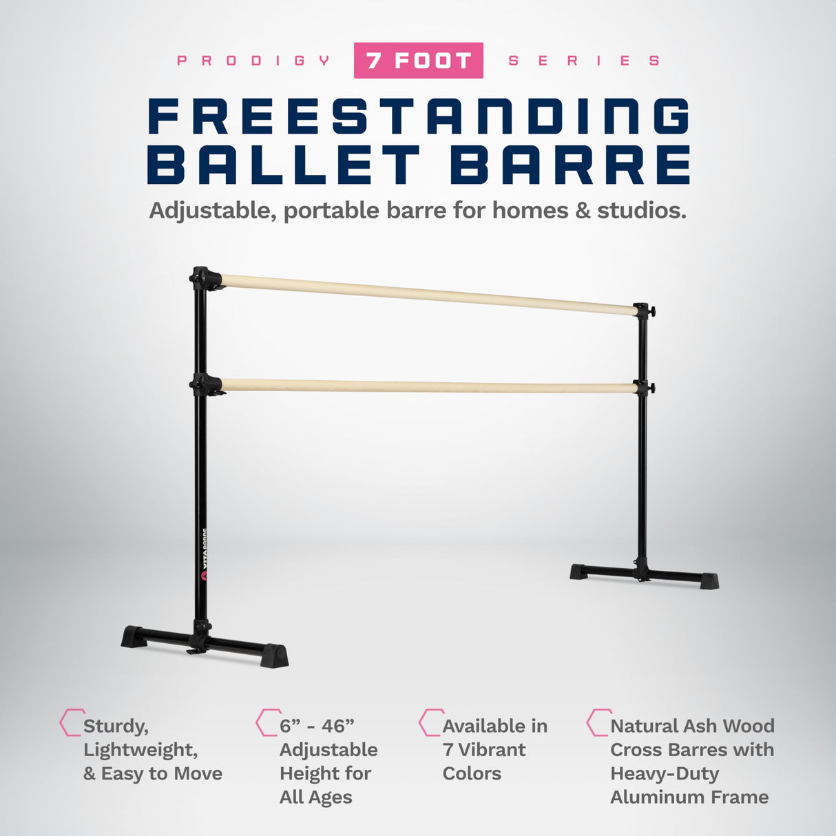 VITA Barre Portable Freestanding Double Ballet Barre, Prodigy, Wood | Adjustable Height, USA Made, Home or Gym Exercise Equipment for Kids & Adults | Dance, Fitness, Pilates