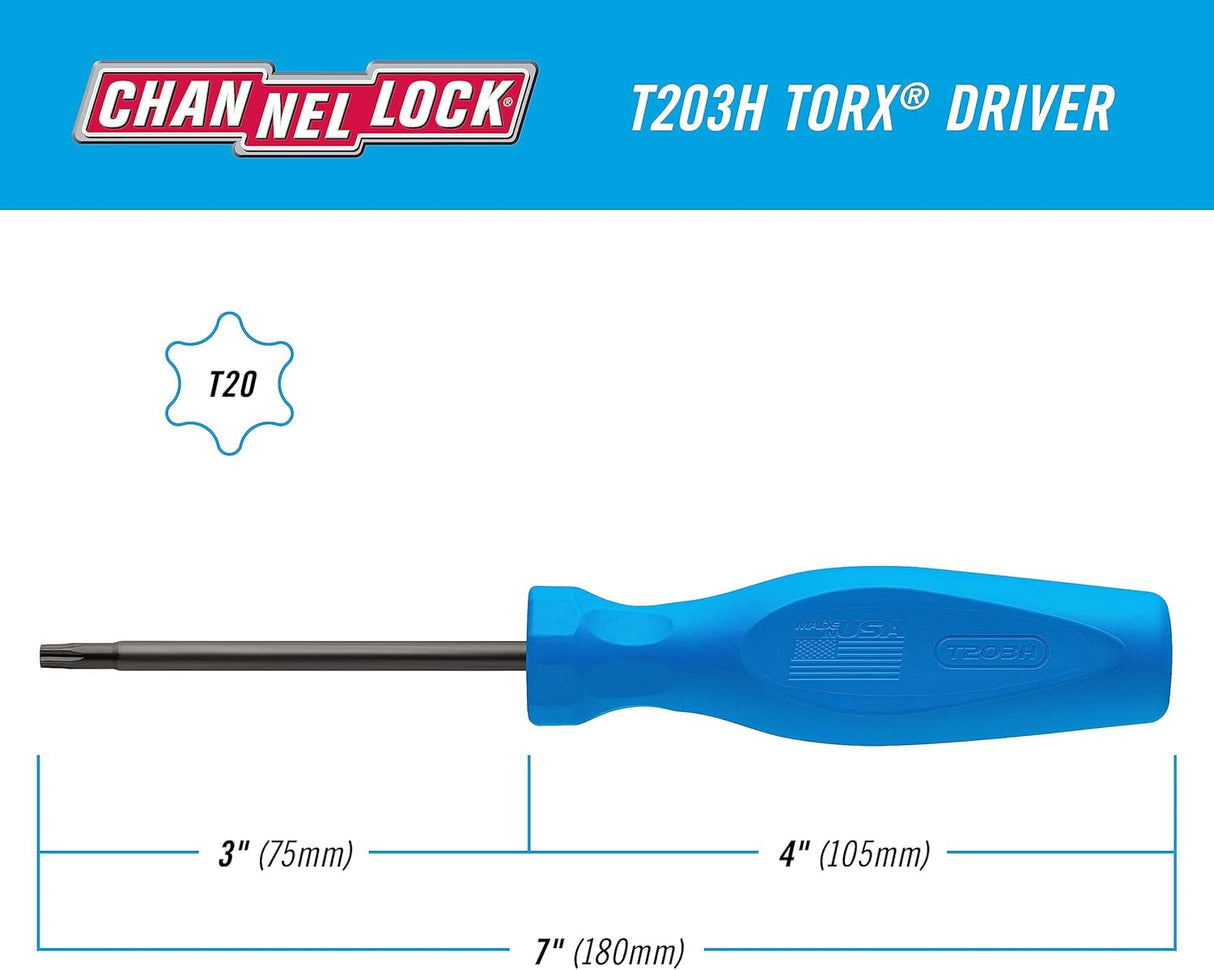 CHANNELLOCK T203H T20 x 3-inch Professional Torx Screwdriver, Magnetic Tip, Made in USA, Molded Tri-Lobe Grip