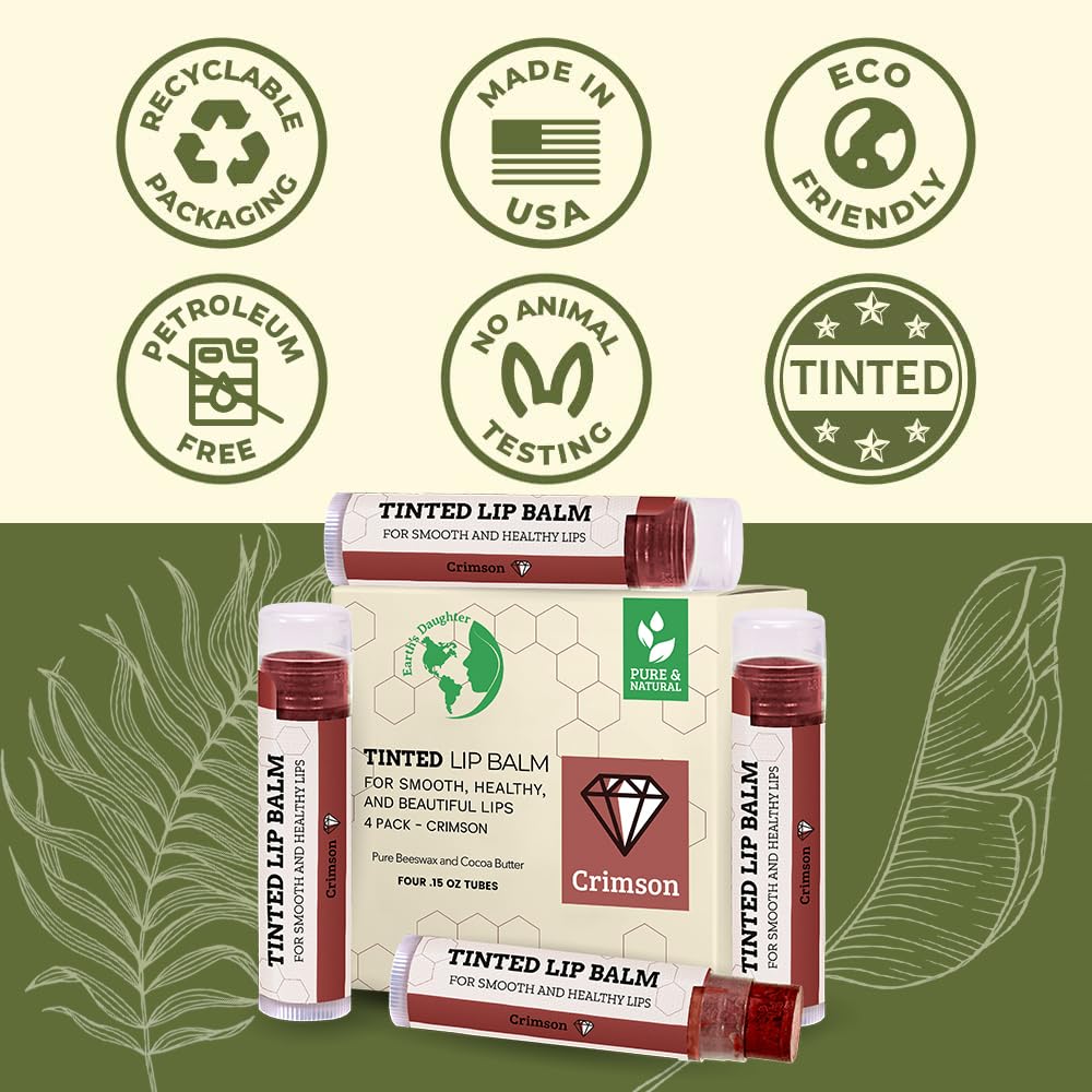 USDA Organic Lip Balm 6-Pack by Earth's Daughter Stocking Stuffers - Fruit Flavors, Beeswax, Coconut Oil, Vitamin E - Best Lip Repair Chapstick for Dry Cracked Lips - Moisturizing Lip Care