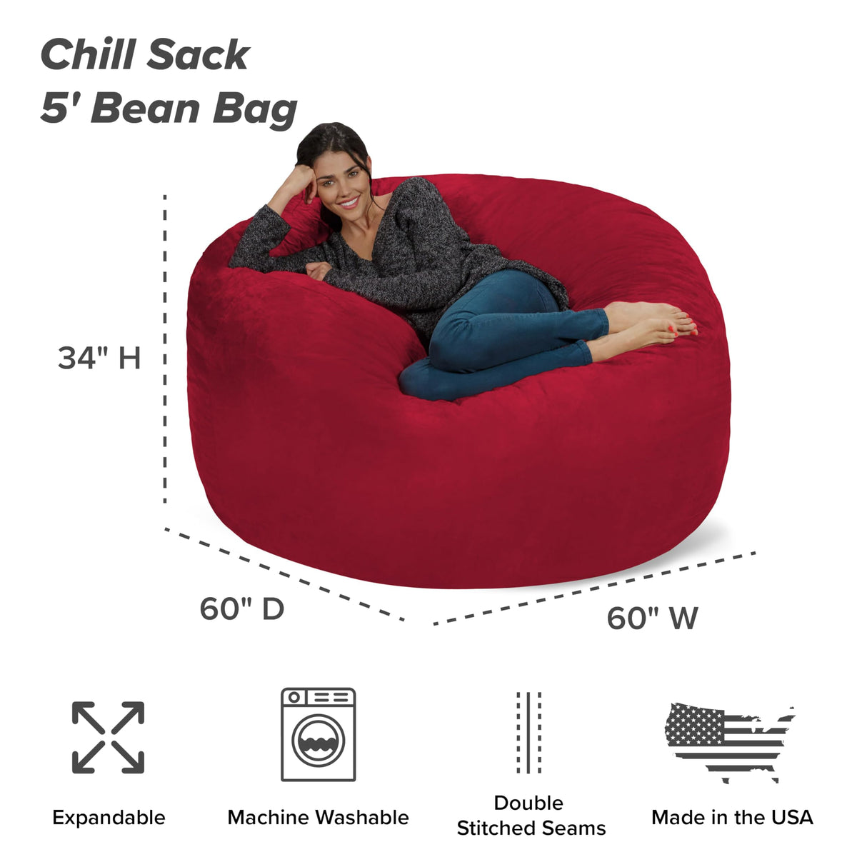 Chill Sack Bean Bag Chair: Giant 5' Memory Foam Furniture Bean Bag - Big Sofa with Soft Micro Fiber Cover - Black
