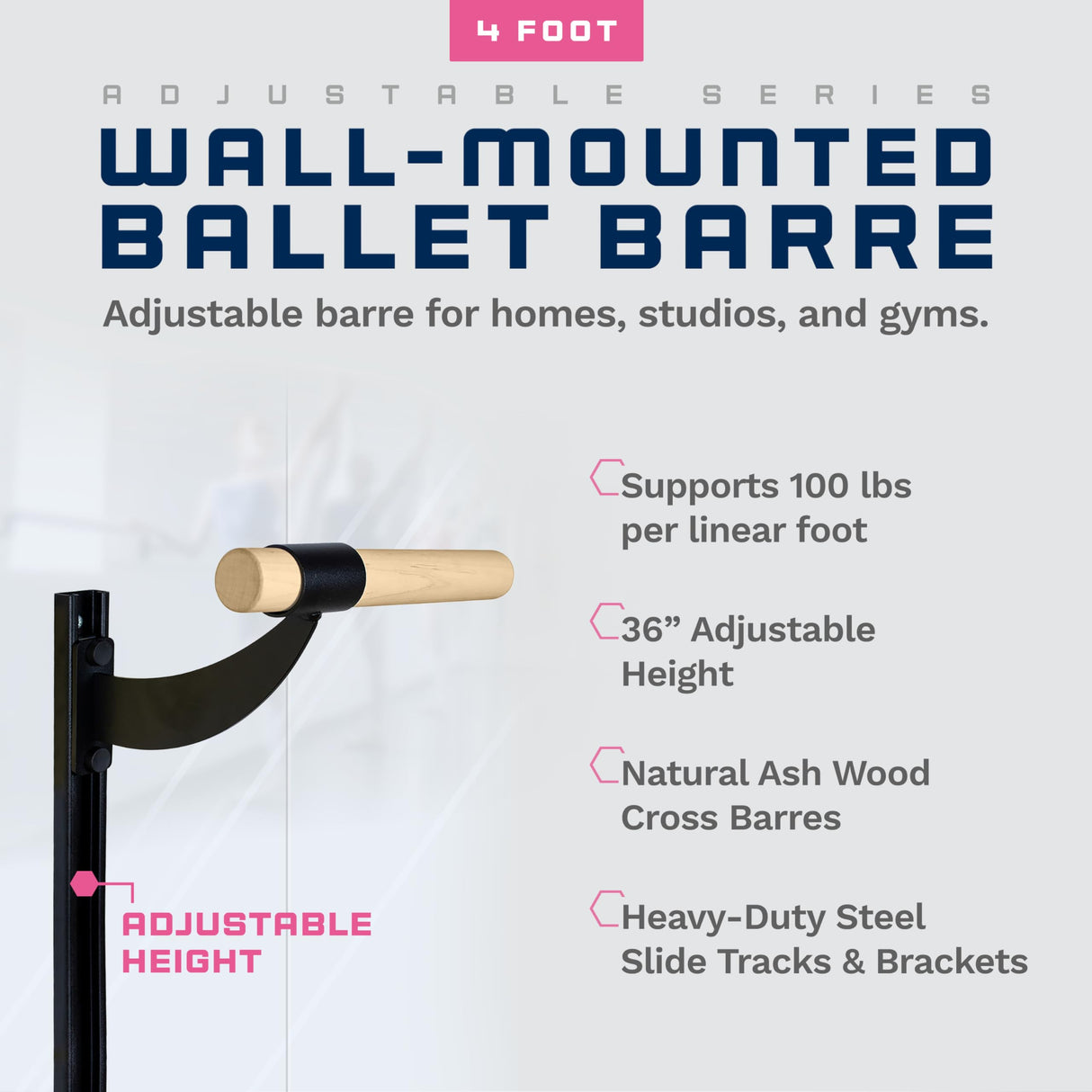 VITA Barre Wall-Mounted Ballet Barre, Wood | Adjustable Height, Made in USA, Home, Studio or Gym Exercise Equipment for Kids & Adults | Dance, Fitness, Pilates