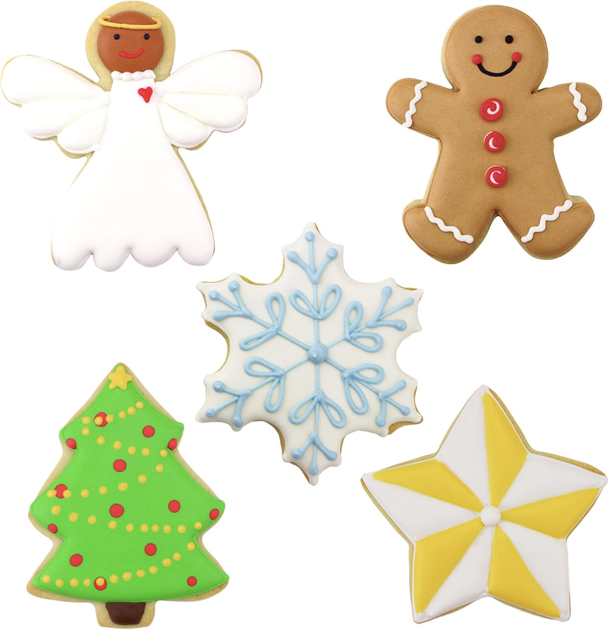Christmas and Holiday Cookie Cutters 5-Pc Set Made in USA by Ann Clark, Gingerbread Man, Christmas Tree, Star, Snowflake, Angel
