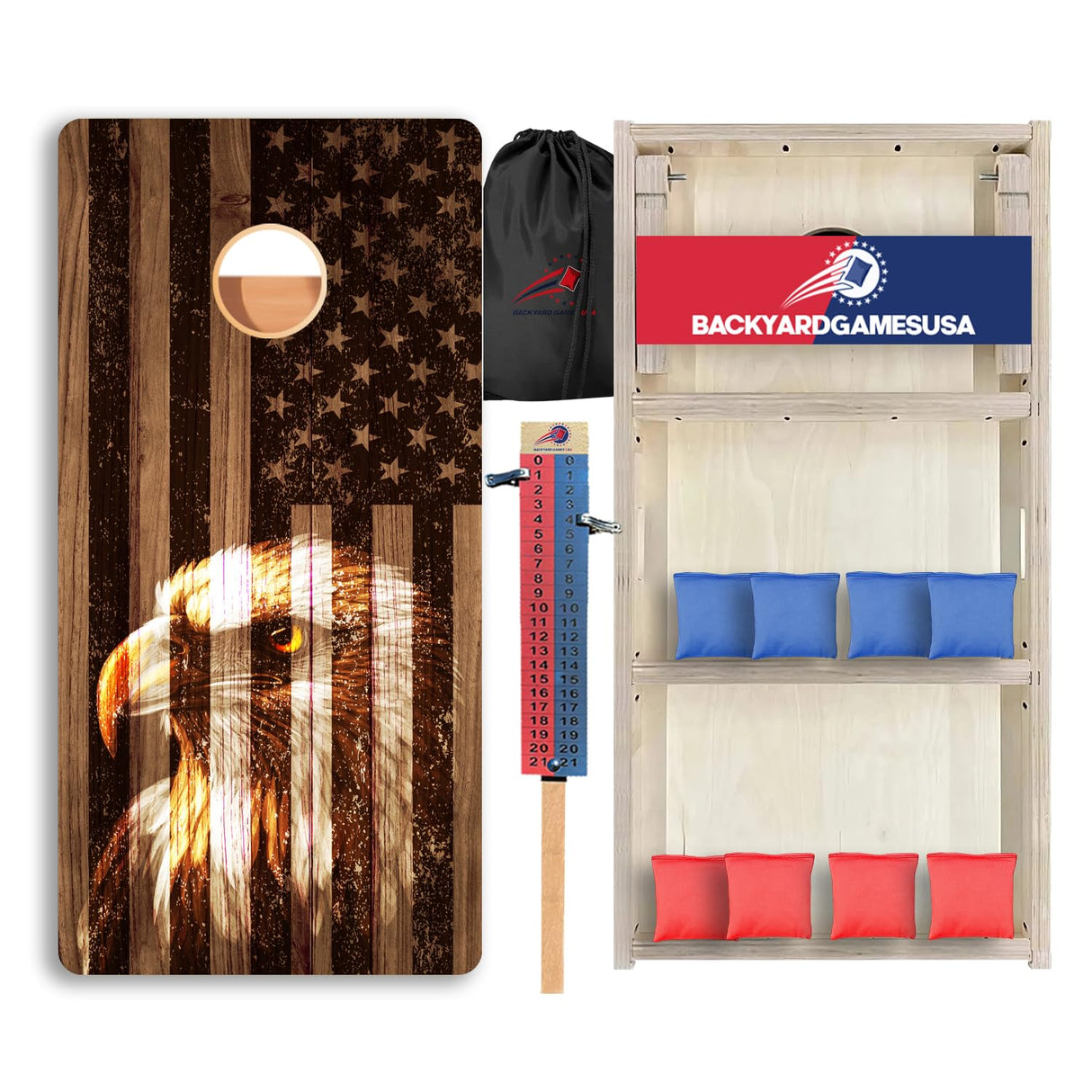 BackYardGamesUSA Pro Cornhole Boards Set | Made in USA | 3/4 Baltic Birch | No Bounce | Triple Thick Legs | Two Brace & Handles, Tournament 2x4 Regulation Set with Score Tower & Cornhole Bags