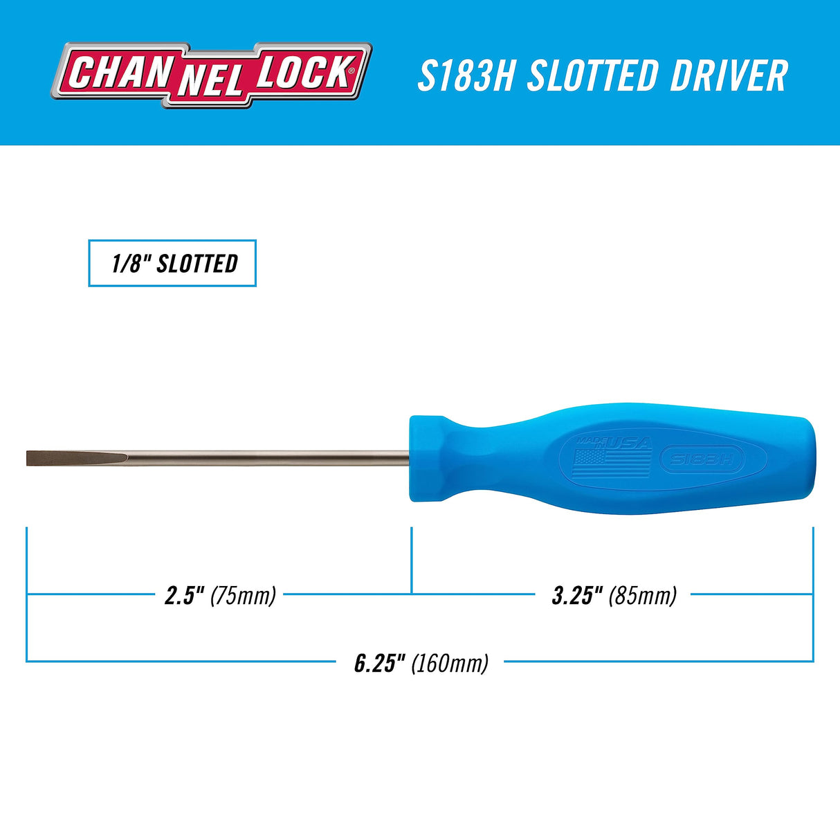 CHANNELLOCK S144H 1/4 x 4-inch Professional Slotted Screwdriver, Magnetic Tip, Made in USA, Molded Tri-Lobe Grip