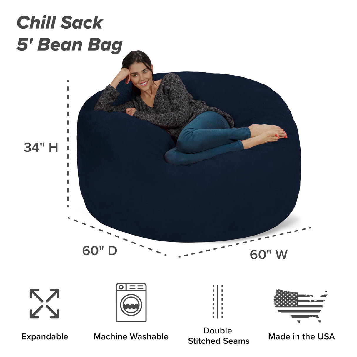 Chill Sack Bean Bag Chair: Giant 5' Memory Foam Furniture Bean Bag - Big Sofa with Soft Micro Fiber Cover - Black