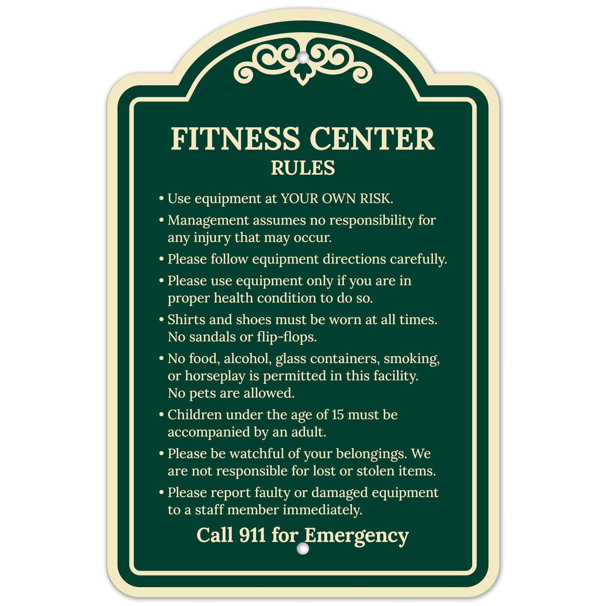 Sigo Signs, Fitness Center Rules Use Equipment at Your Own Risk Décor Sign, Green Light, 12x18 Inches, ACM, Fade Resistant, Made in USA