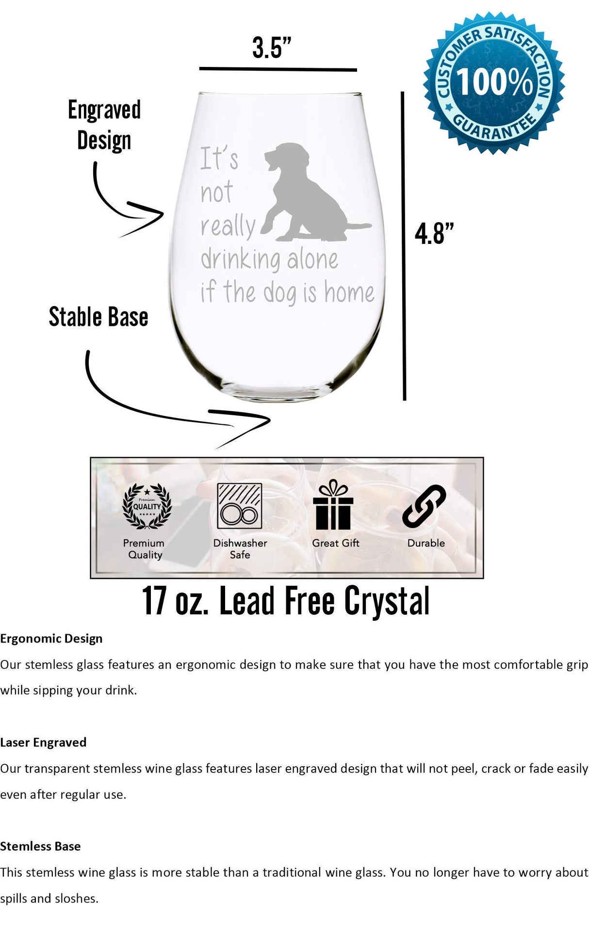 C & M Personal Gifts The Dog is Home Stemless Wine Glass-Funny Gift for the Dog Lover, Him, Her, Birthdays, Anniversaries, Retirement, Mother, Father, 17 Ounces, Laser Engraved, Crystal, Lead-free D1