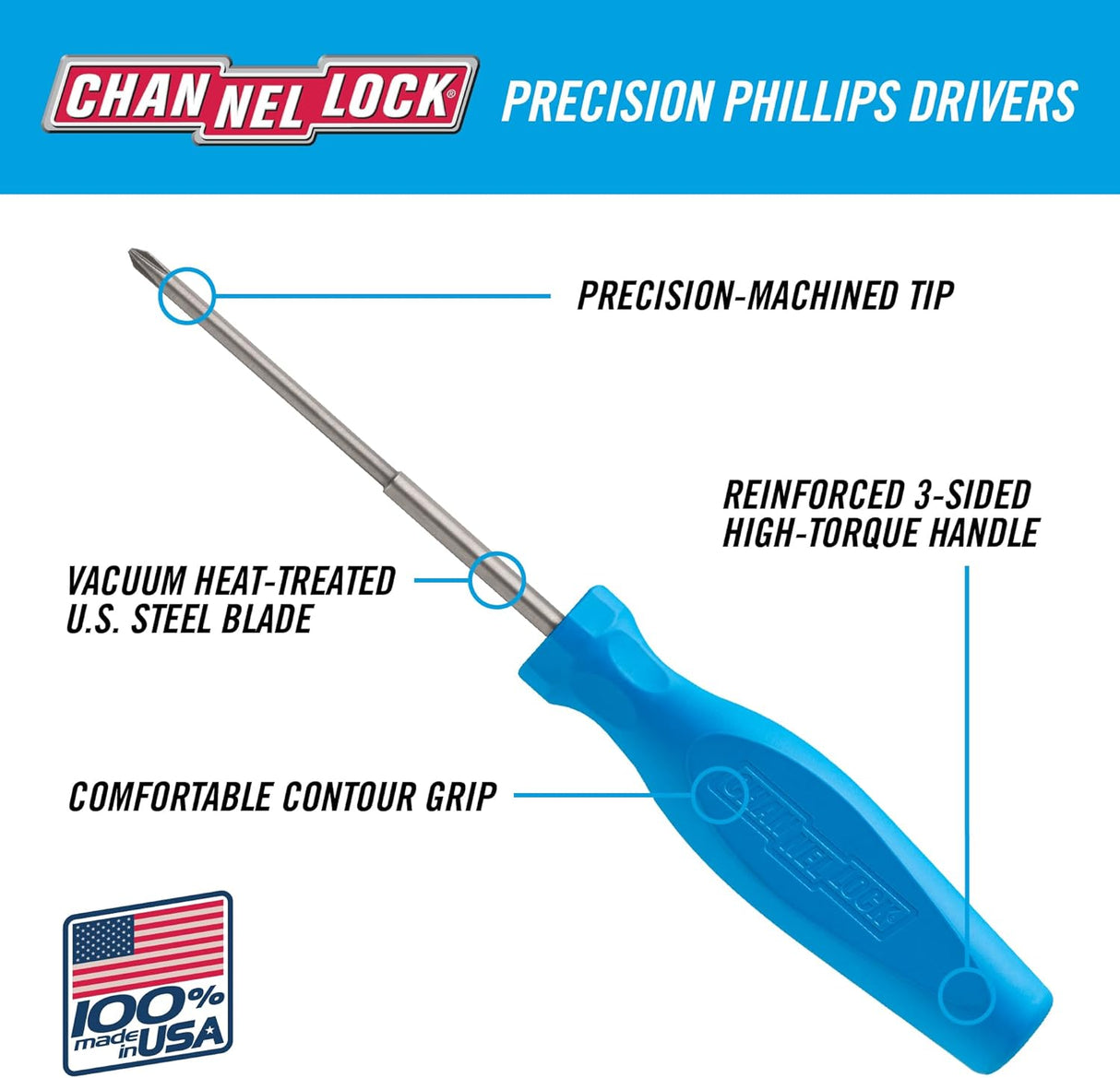 CHANNELLOCK P030H #0 x 3-inch Professional Phillips Screwdriver, Precision Machined Non-Magnetic, Made in USA, Molded Tri-Lobe Grip