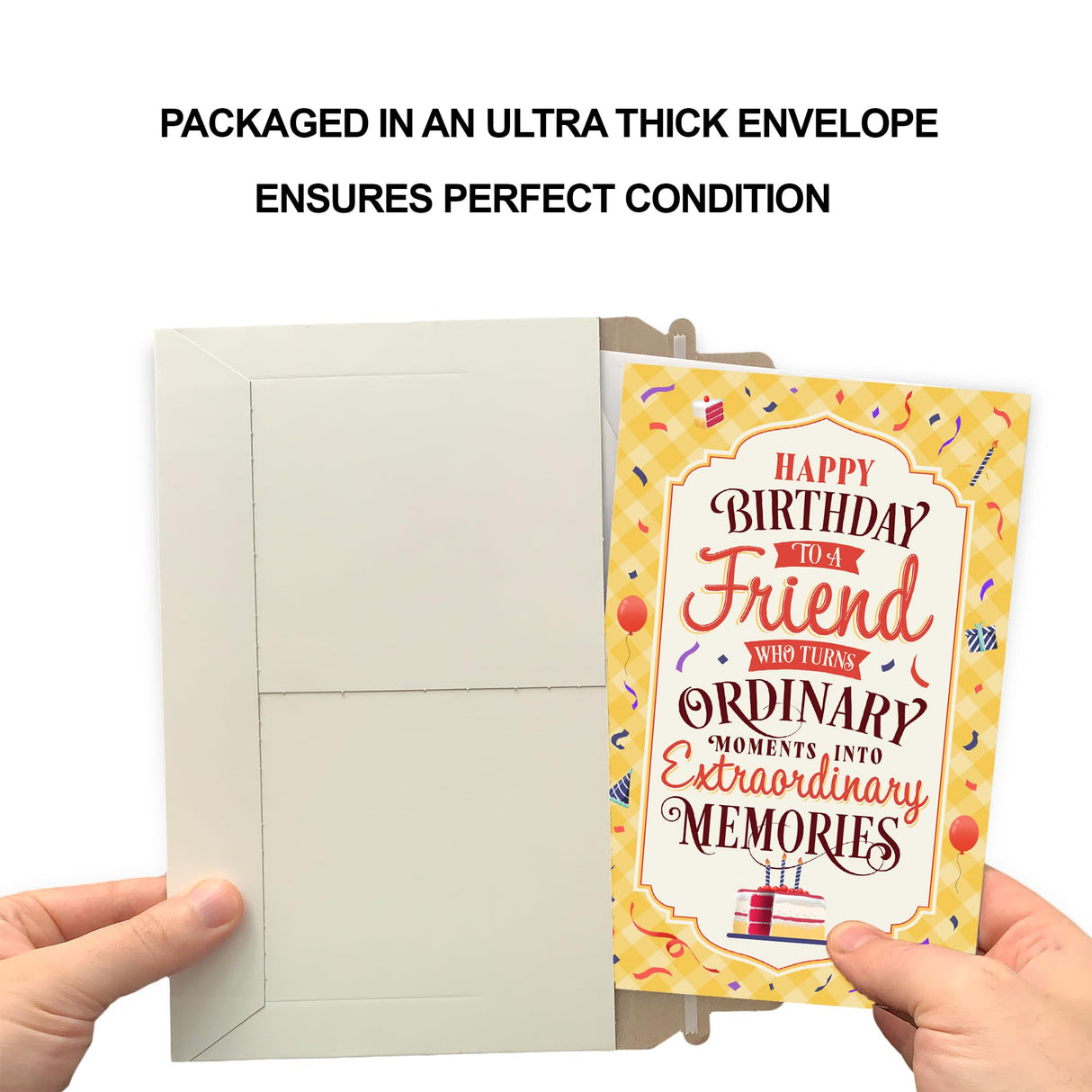 Prime Greetings Friend Birthday Card, Made in America, Eco-Friendly, Thick Card Stock with Premium Envelope 5in x 7.75in, Packaged in Protective Mailer