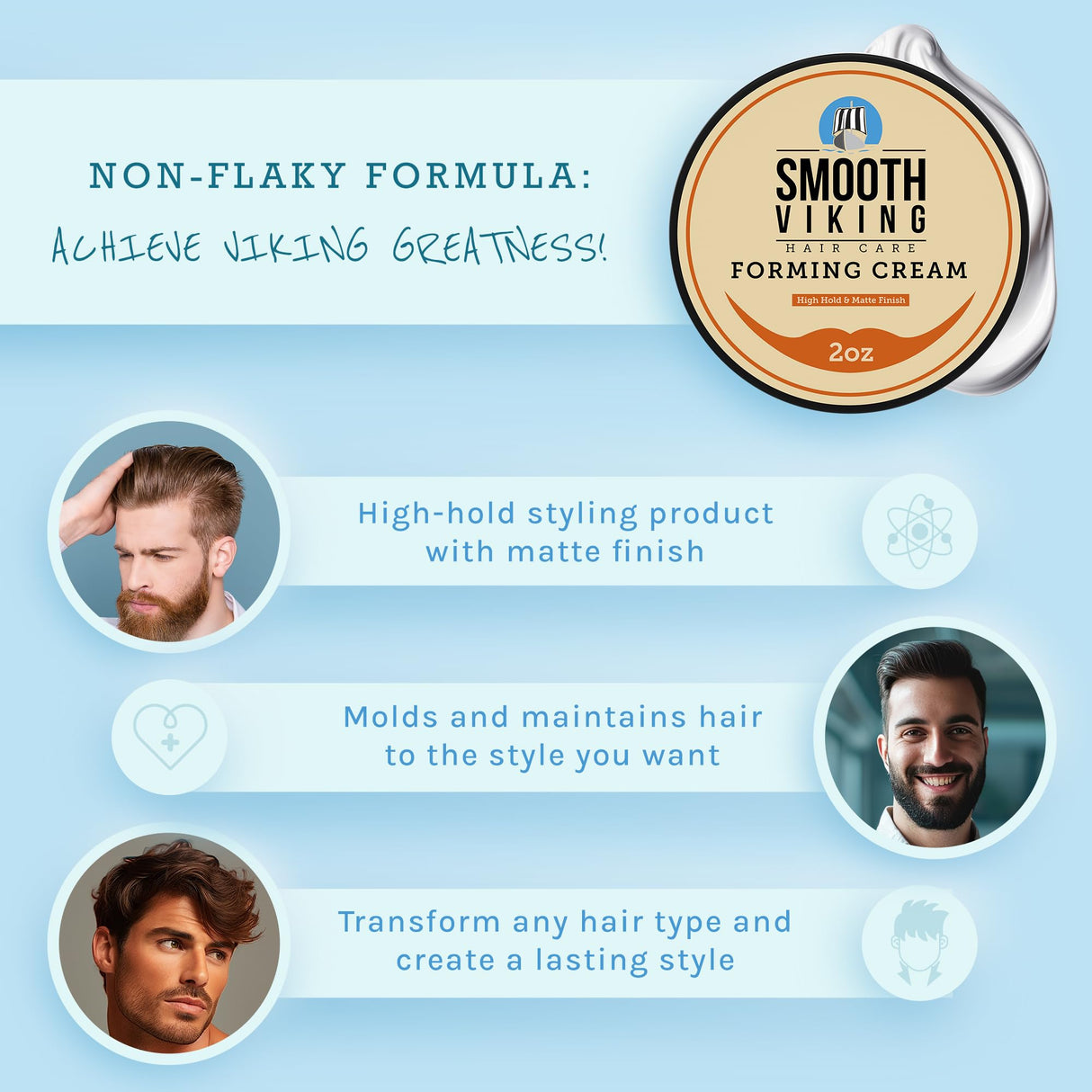 Smooth Viking Forming Cream - High Hold Styling Cream for Matte Finish, Men's Hair Products, Hair Paste for Short, Curly and Long Hair, Made in USA, 2oz
