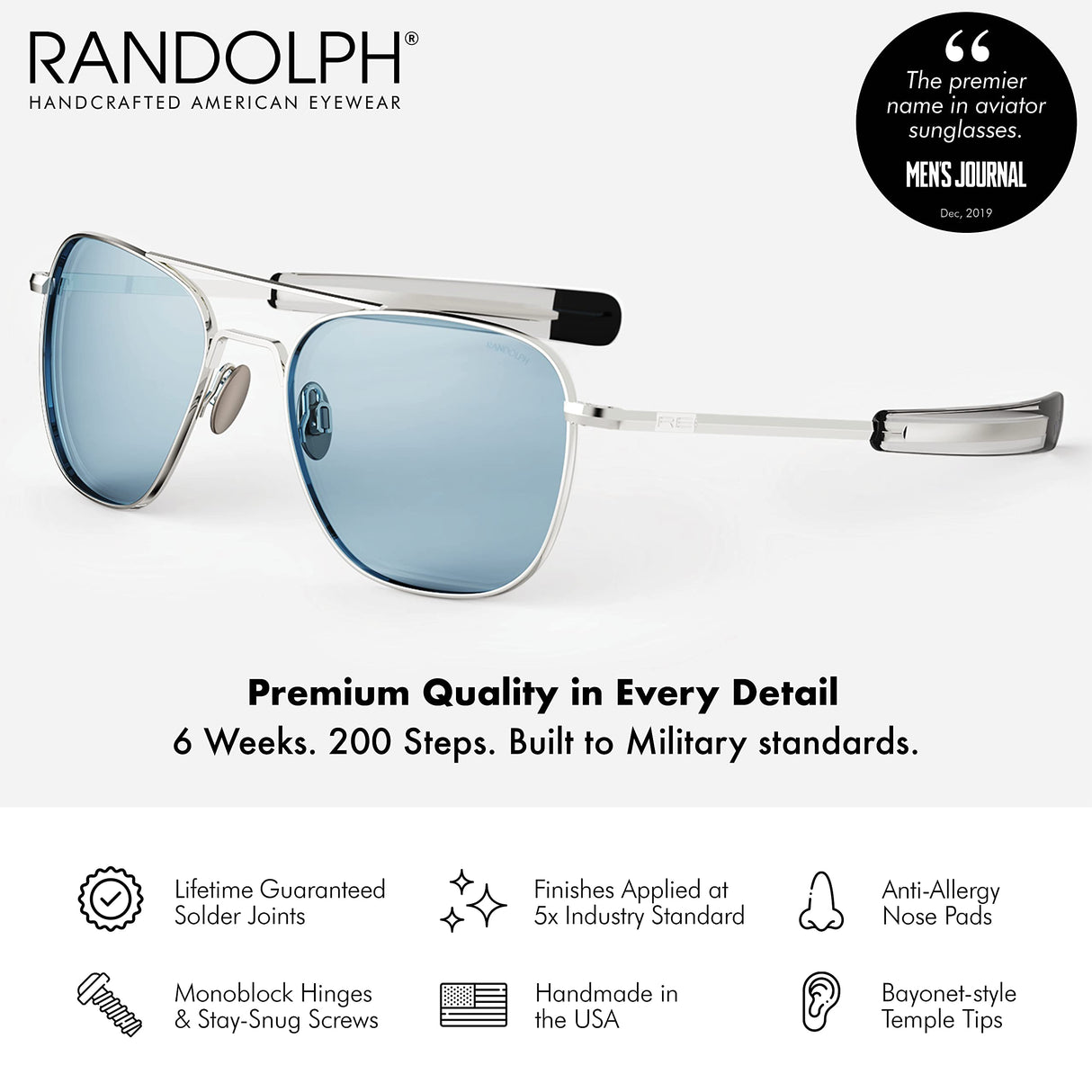 Randolph USA | 23k White Gold Classic Aviator Sunglasses for Men or Women 100% UV