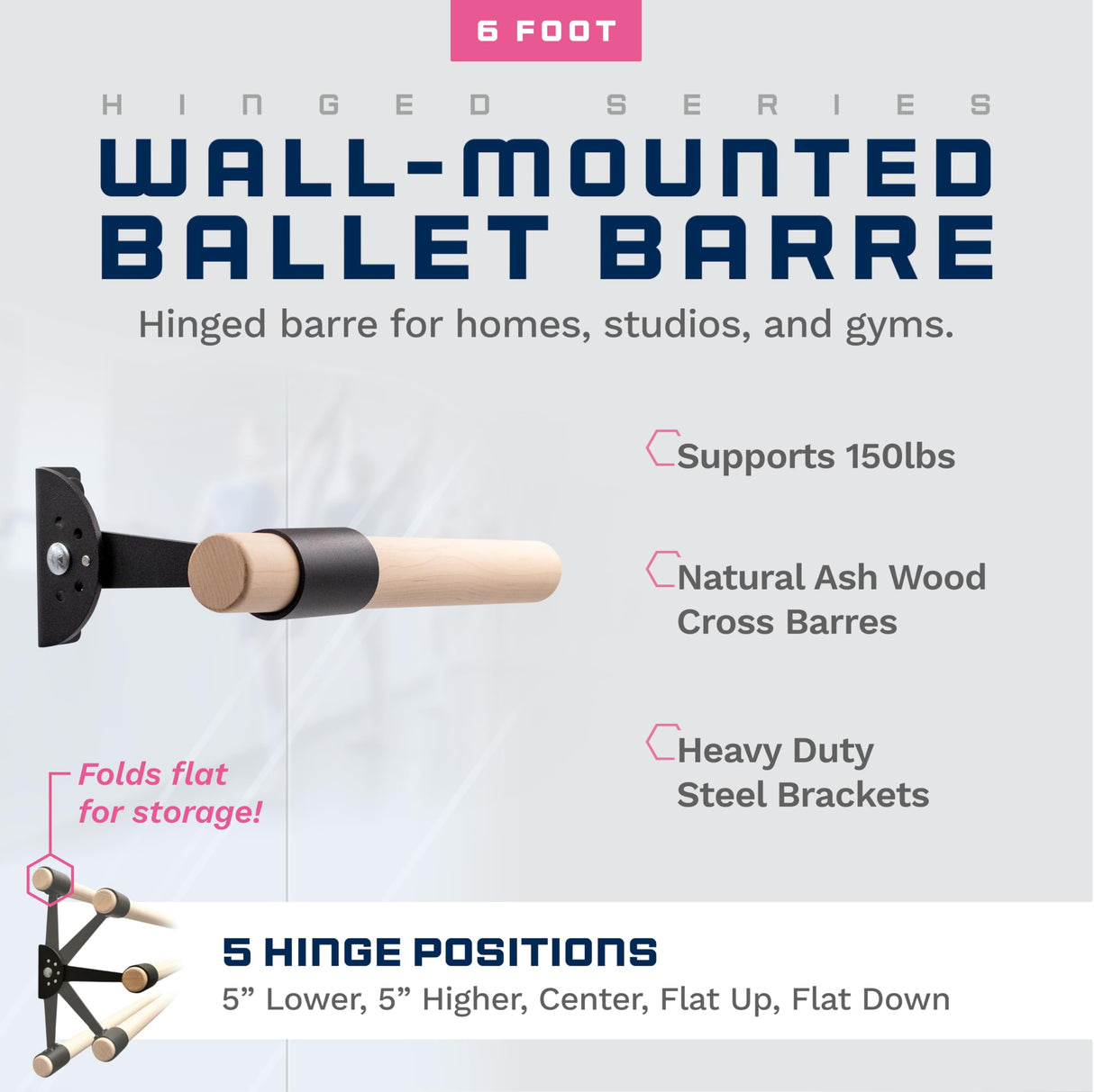 VITA Barre Wall-Mounted Single Ballet Barre, Traditional, Wood and Aluminum | Hinged Height, Made in USA, Home, Studio or Gym Exercise Equipment for Kids & Adults | Dance, Fitness, Pilates
