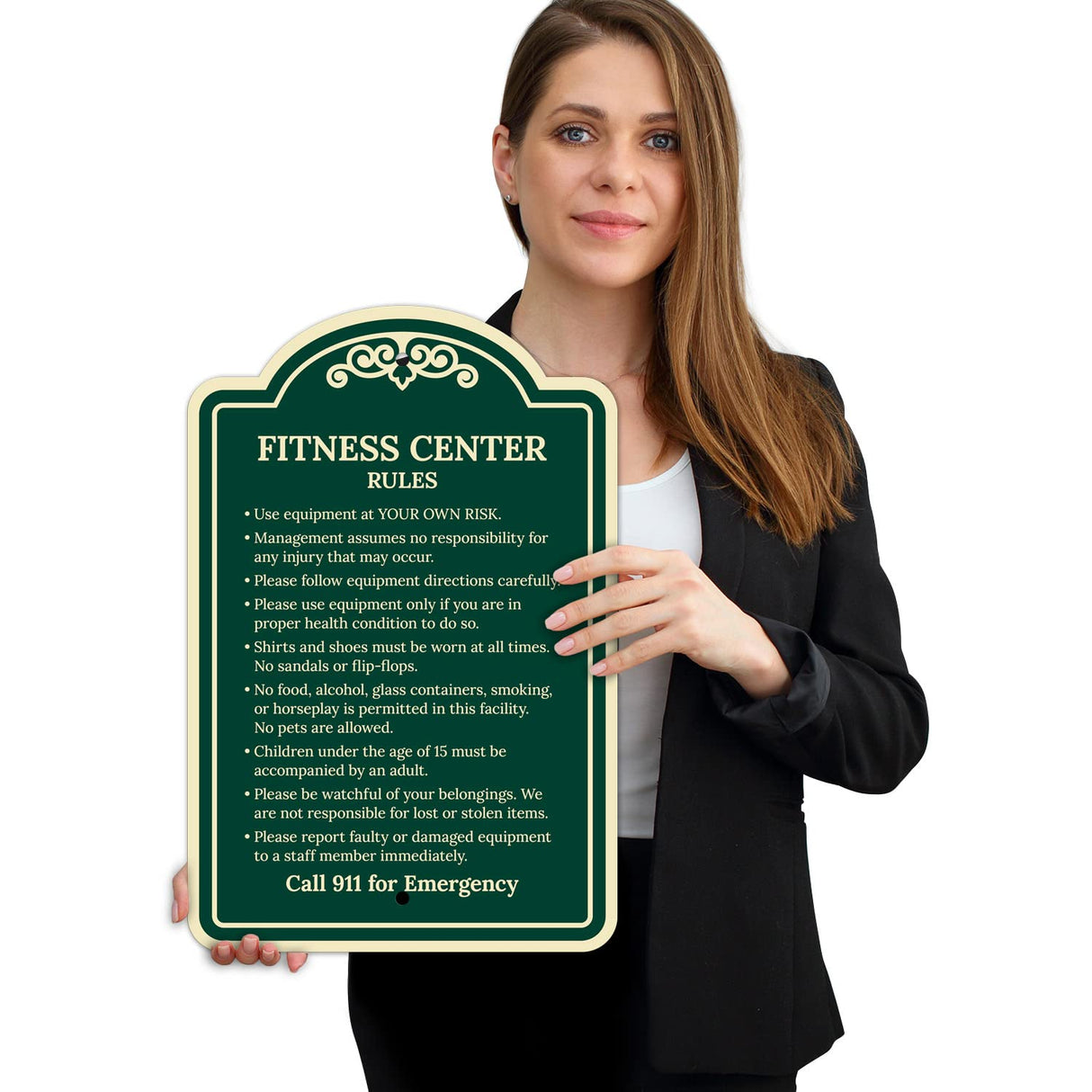 Sigo Signs, Fitness Center Rules Use Equipment at Your Own Risk Décor Sign, Green Light, 12x18 Inches, ACM, Fade Resistant, Made in USA