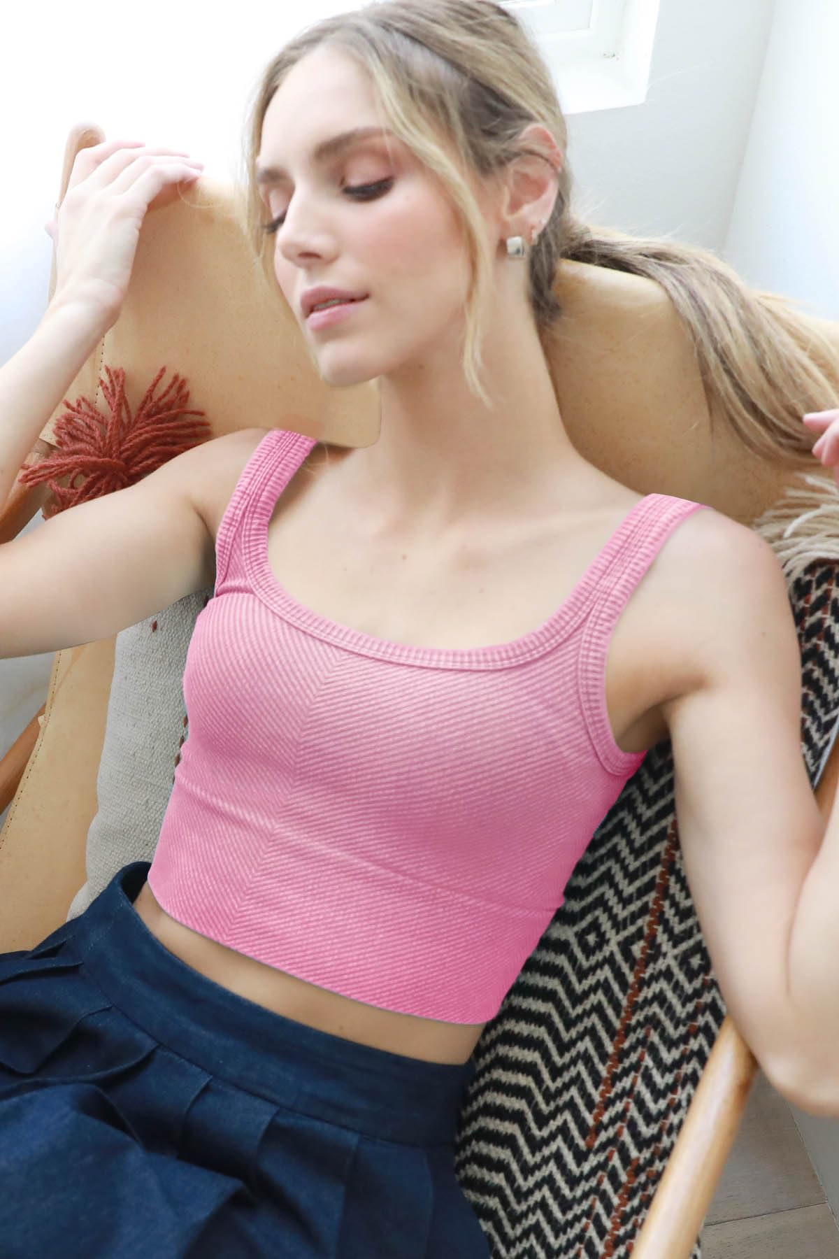 NIKIBIKI Women Seamless Vintage Chevron Ribbed Crop Top, Made in U.S.A, One Size