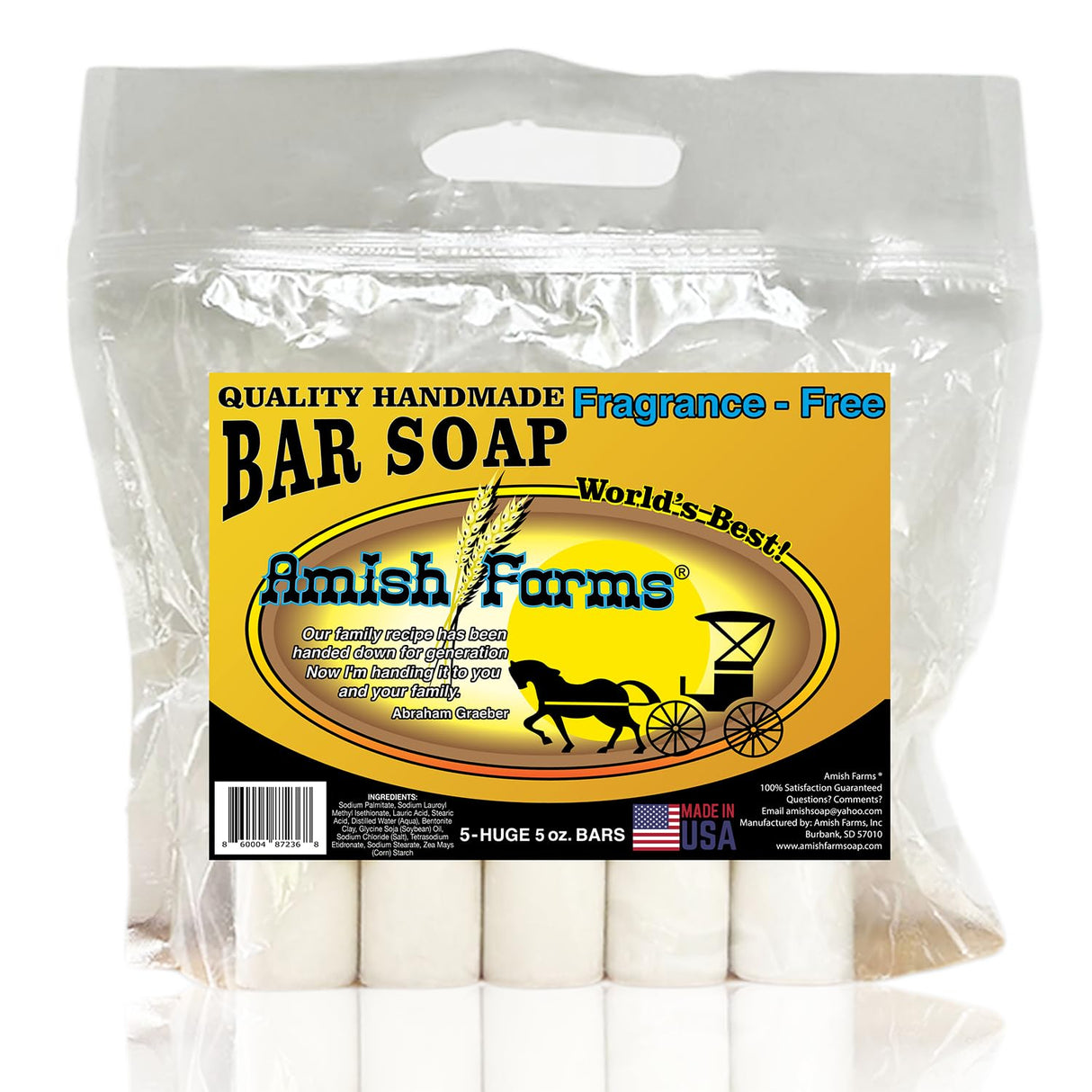 Amish Farms Fragrance-Free Natural Bar Soap for Sensitive Skin, Original Recipe - Made in USA (Huge 5 Bars) Unscented Moisturizing Bar Soap (5-Pack)