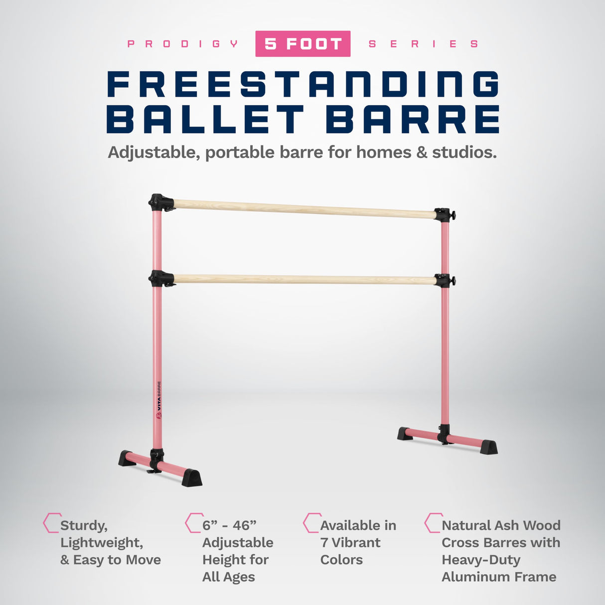 VITA Barre Portable Freestanding Double Ballet Barre, Prodigy, Wood | Adjustable Height, USA Made, Home or Gym Exercise Equipment for Kids & Adults | Dance, Fitness, Pilates