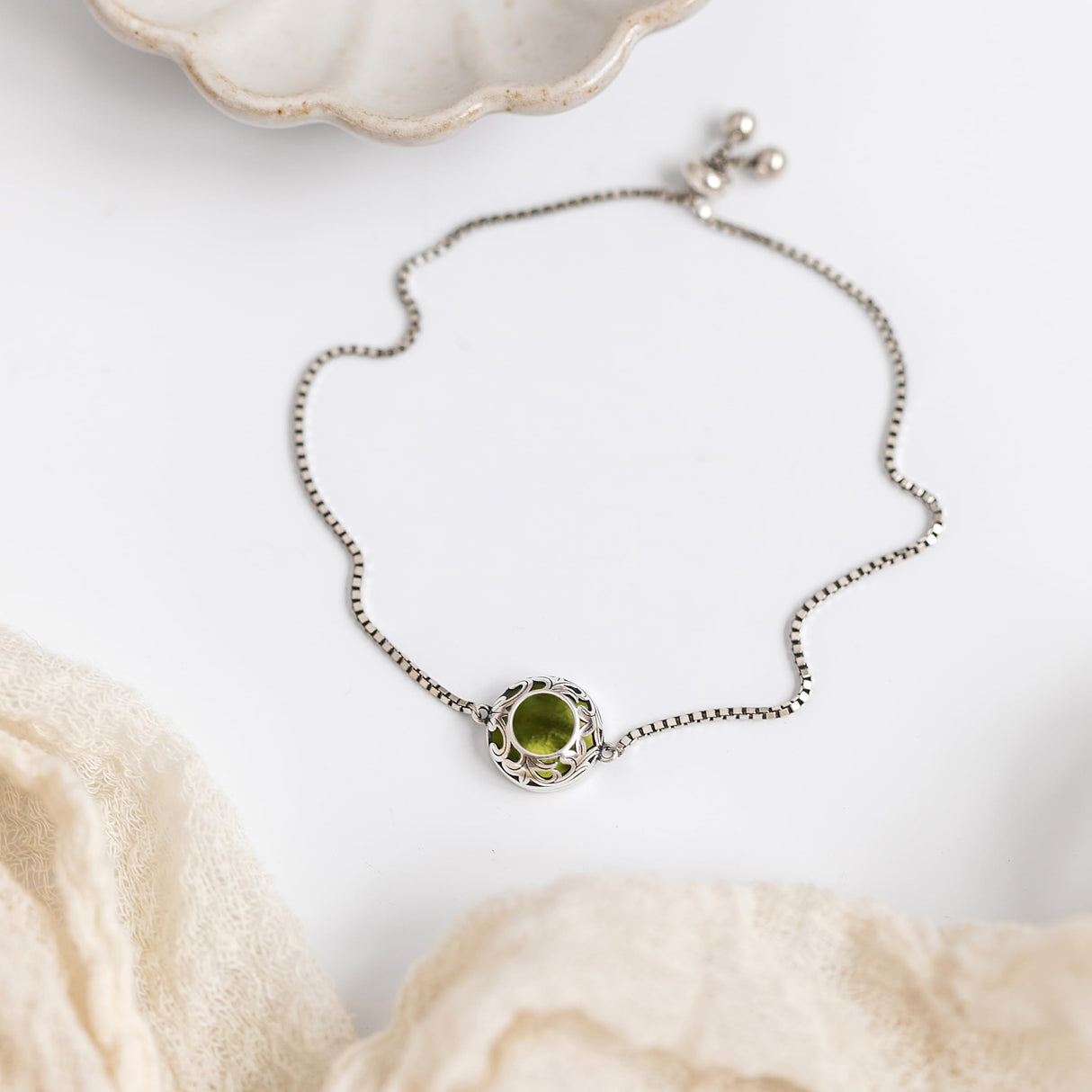 Bottled Up Designs Handmade Vintage Lace Adjustable Slider Bracelet, Recycled Glass, Sterling Silver, Eco Friendly, Made in USA, Birthday Gifts, Mothers Day, Women (Olive Wine Bottle)