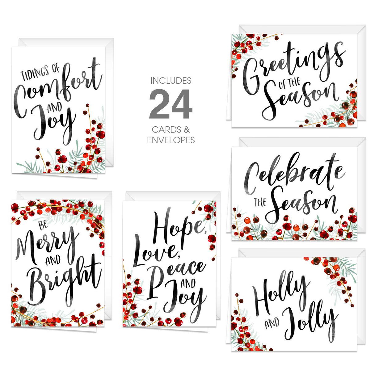 Painted Kraft Style Holiday Cards / 24 Modern Christmas Note Cards With White Envelopes / 4 5/8" x 6 1/4" Illustrated Faux Kraft Greeting Cards / 6 Cheery Winter Designs/Made In The USA