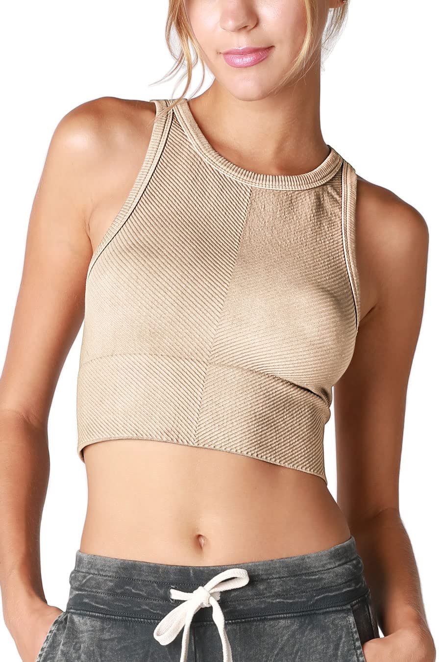 NIKIBIKI Women Seamless Vintage Chevron High Neck Crop Top, Made in U.S.A, One Size