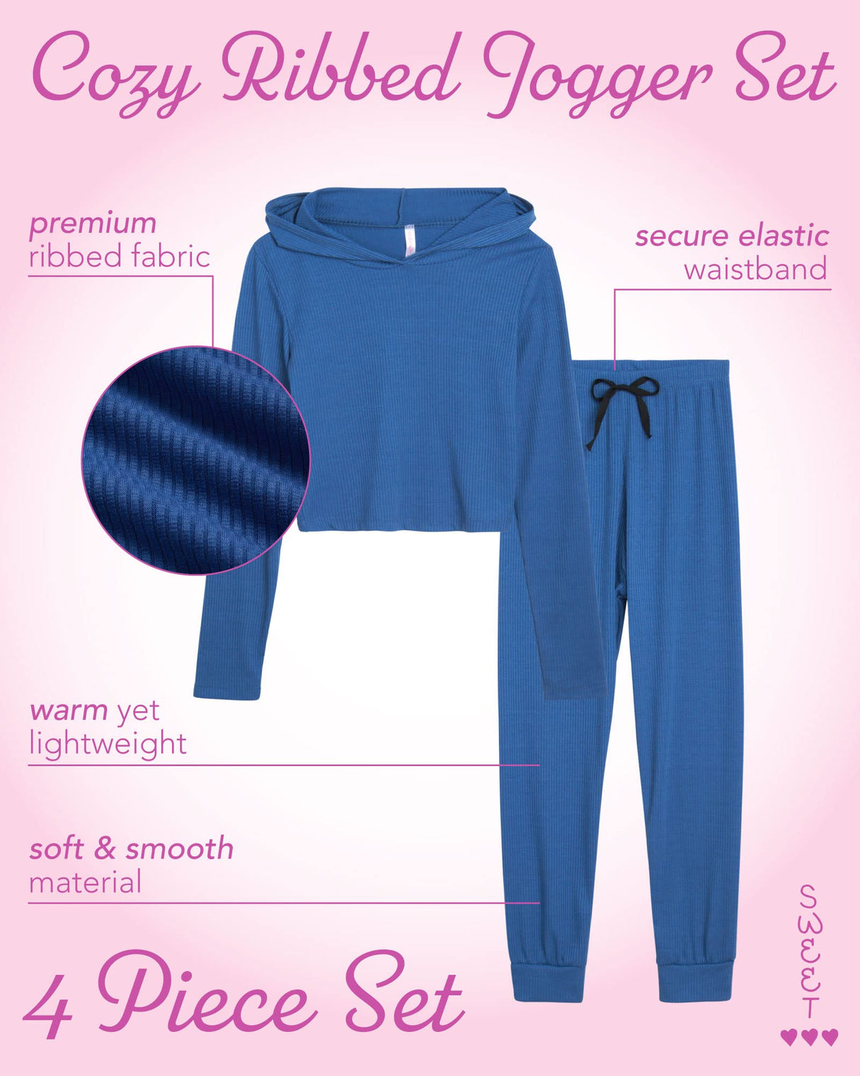 Sweet Hearts Girls' Sweatsuit Set - 4 Piece Lightweight Ribbed Pullover Hoodie Sweatshirt and Jogger Sweatpants: Made in USA