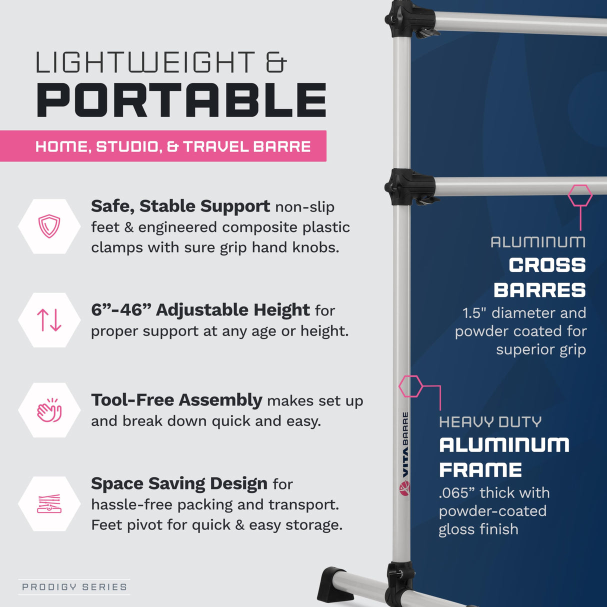 VITA Barre Portable Freestanding Double Ballet Barre, Prodigy, with Carry Bag | Adjustable Height, USA Made, Home or Gym Exercise Equipment for Kids & Adults | Dance, Fitness, Pilates