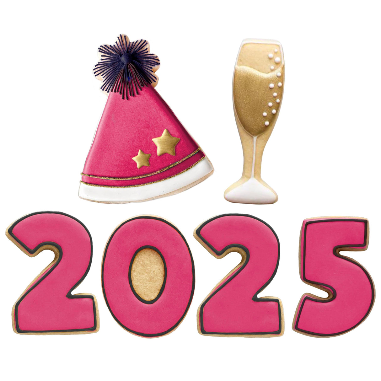 New Year's Eve 2025 Cookie Cutters 5-Pc. Set Made in USA by Ann Clark, Party Hat, Champagne Glass, Numbers 2, 0, 5