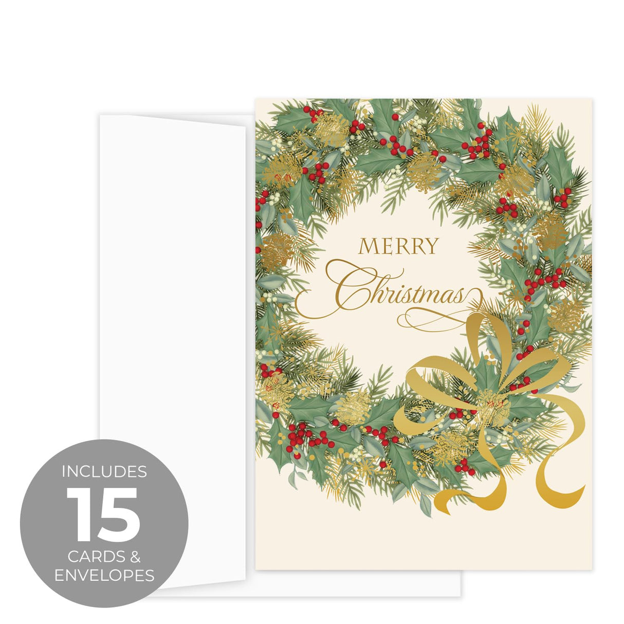 Masterpiece Sparkling Santa Christmas Cards / 16 Festive Holiday Cards Set With White Envelopes / 5 5/8" x 7 7/8" Winter Gold Foil Greeting Cards With Inside Verse/Made In The USA