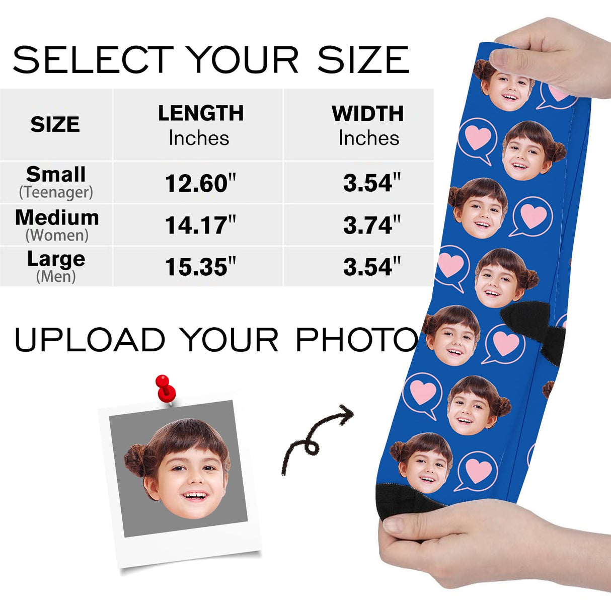 Custom Face Socks with Photo Novelty Crew Socks, Personalized Red Hearts Unisex Crew Sock Gifts for Men Women Made in USA