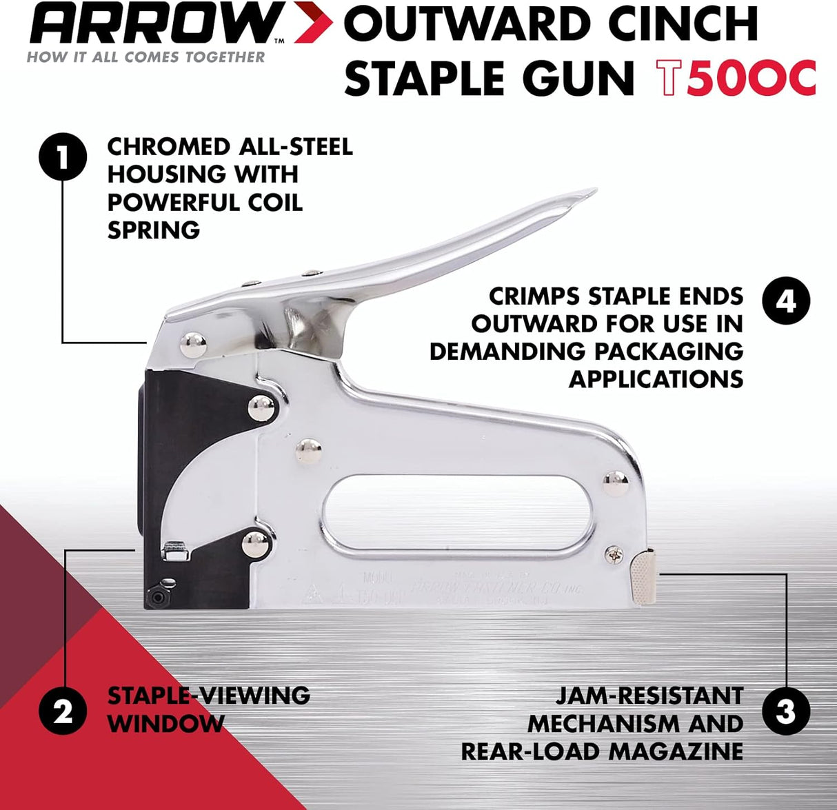 Arrow T50OC Heavy Duty Outward Clinch Staple Gun, Manual Stapler for Packaging and Boxes, Uses T50 Staples in 3/8-Inch, 1/2-Inch, and 9/16-Inch