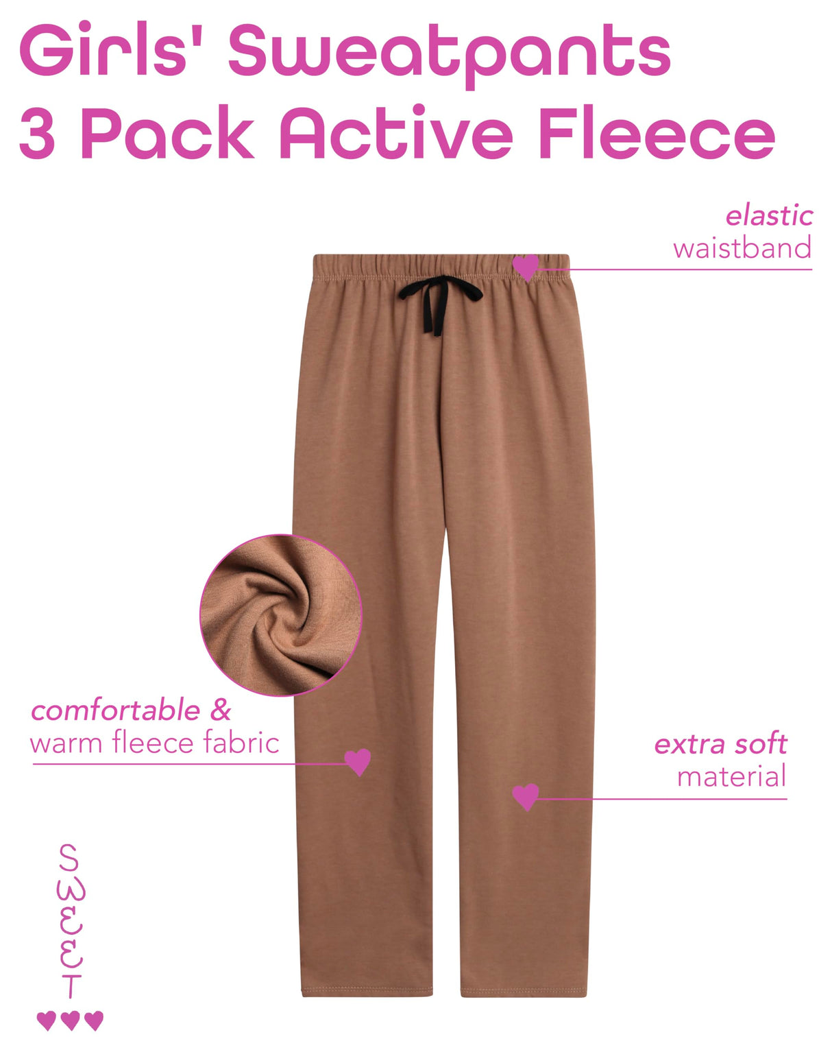 Sweet Hearts Girls' Sweatpants - 3 Pack Active Fleece Open Bottom Sweatpants - Casual Performance Pants: Made in USA