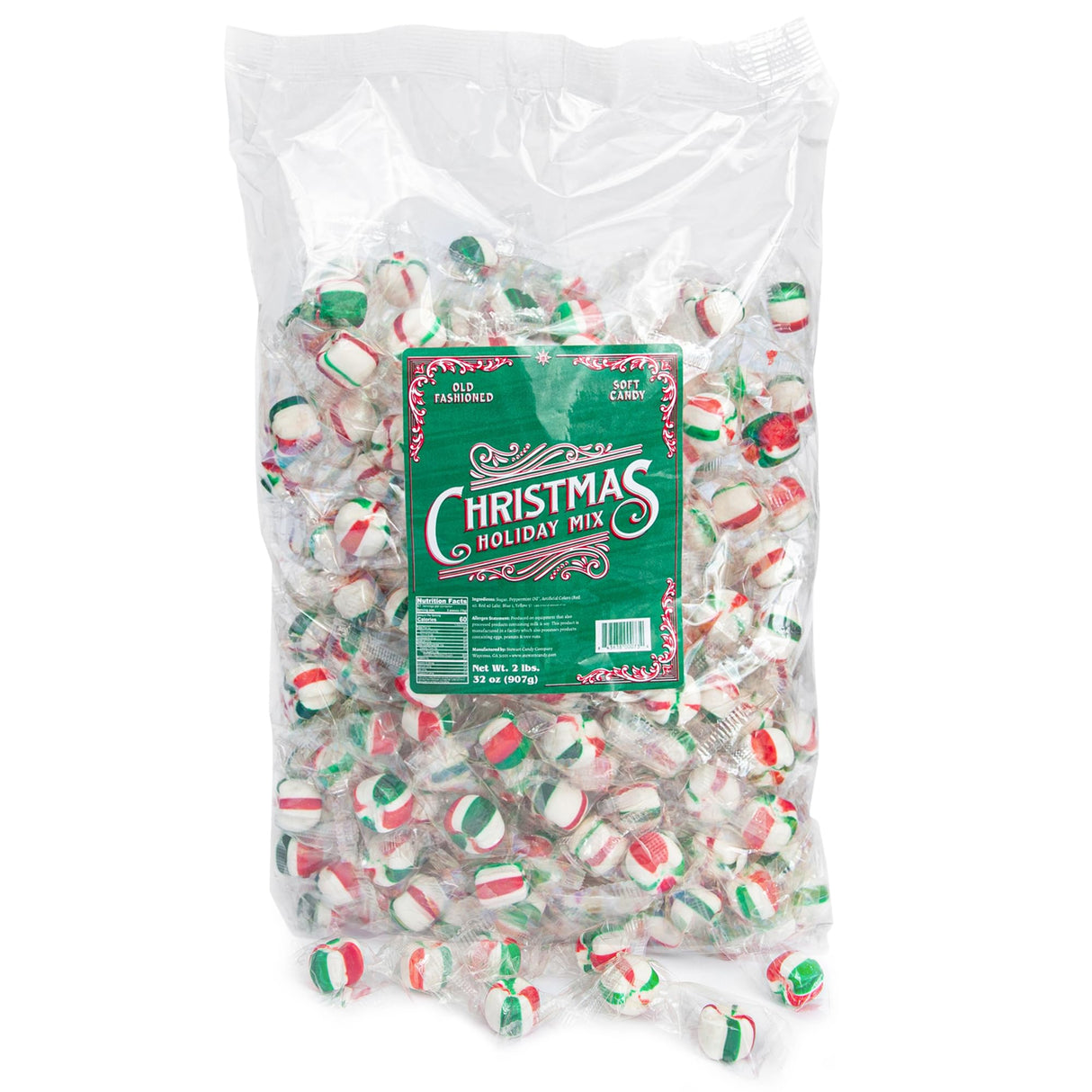 Stewart Christmas Holiday Mix - Red & Green Striped Soft Peppermint Puffs, Festive Peppermint Candy | Individually Wrapped Christmas Candy Bulk Pack [2lb Bag] - Perfect for Holiday Bowls - Made in USA