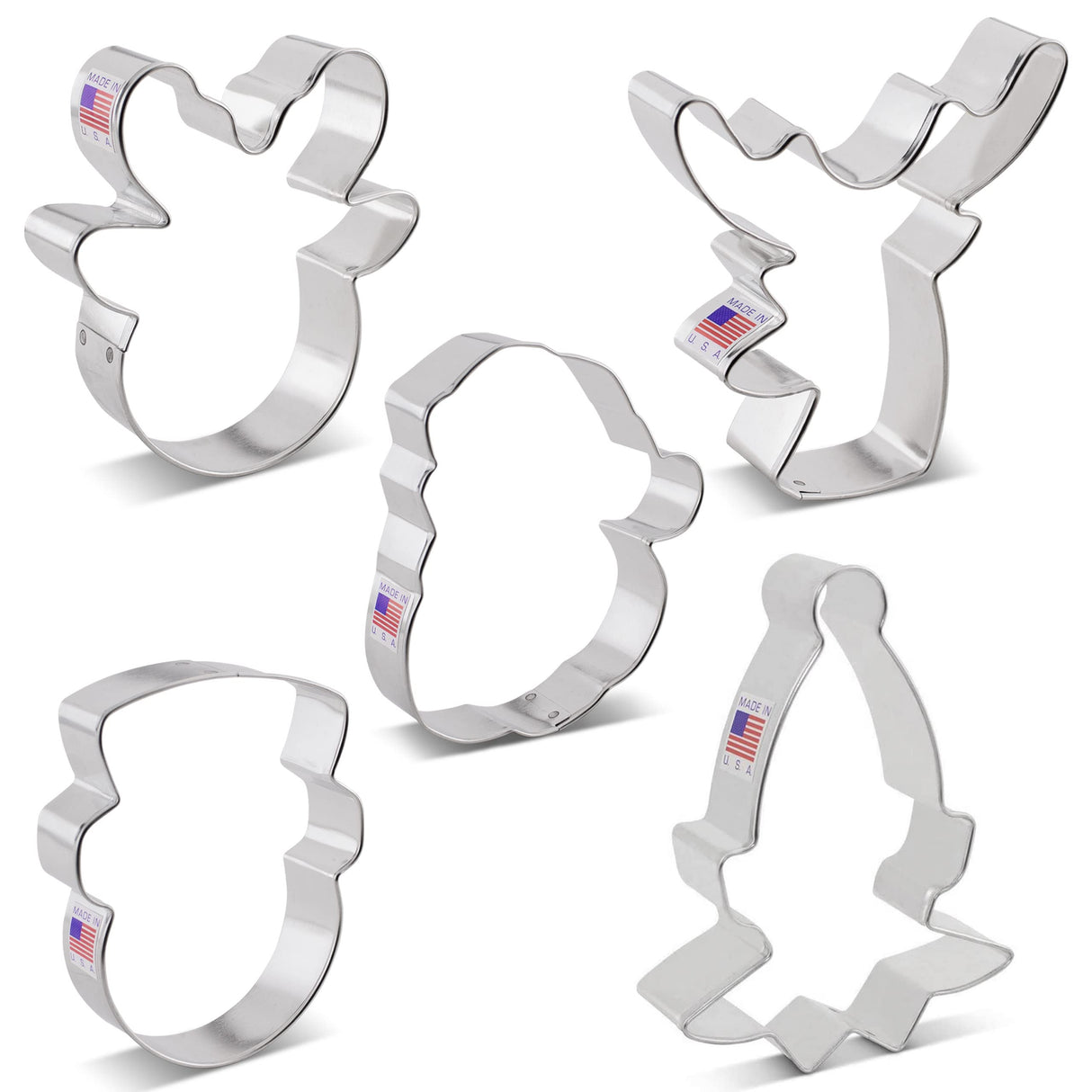Faces of Christmas Cookie Cutters 5-Pc. Set Made in the USA by Ann Clark, Santa Face, Reindeer Faces, Snowman Face, Elf Face