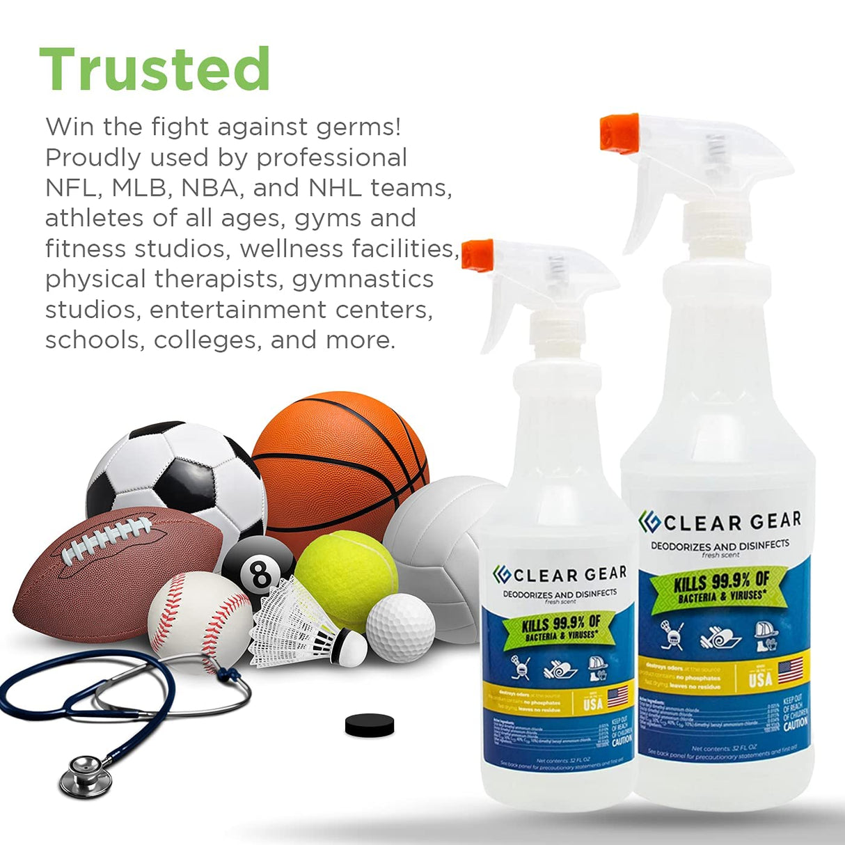 Disinfectant, Cleaner, and Deodorizer For Sports Equipment, Gyms, and Fitness Centers - Mixed Pack - 16 Oz Bottle and 32 Oz Bottle Disinfecting Spray Pack