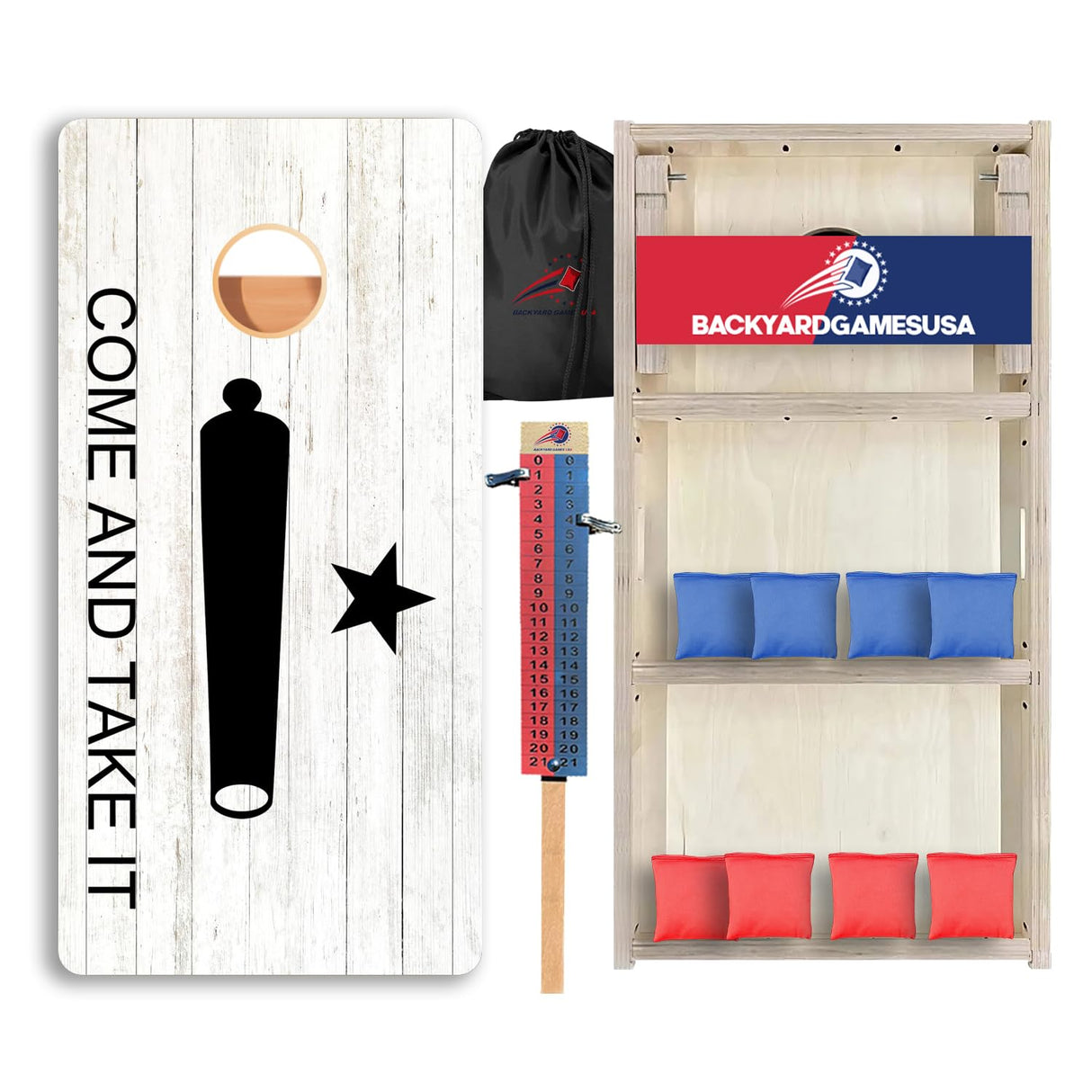 BackYardGamesUSA Pro Cornhole Boards Set | Made in USA | 3/4 Baltic Birch | No Bounce | Triple Thick Legs | Two Brace & Handles, Tournament 2x4 Regulation Set with Score Tower & Cornhole Bags