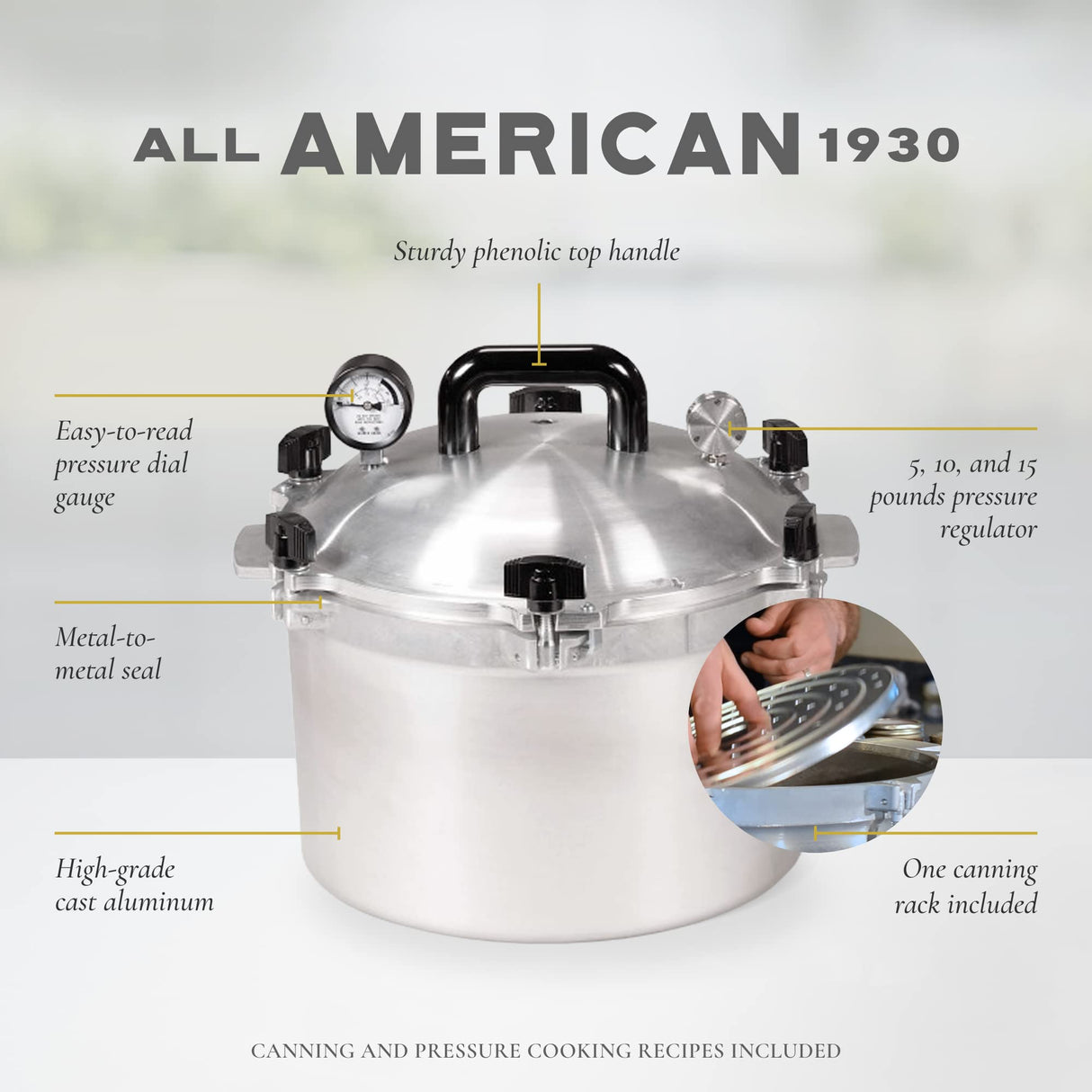 All American 1930: 10.5qt Pressure Cooker/Canner (The 910) - Exclusive Metal-to-Metal Sealing System - Easy to Open & Close - Suitable for Gas, Electric, or Flat Top Stoves - Made in the USA