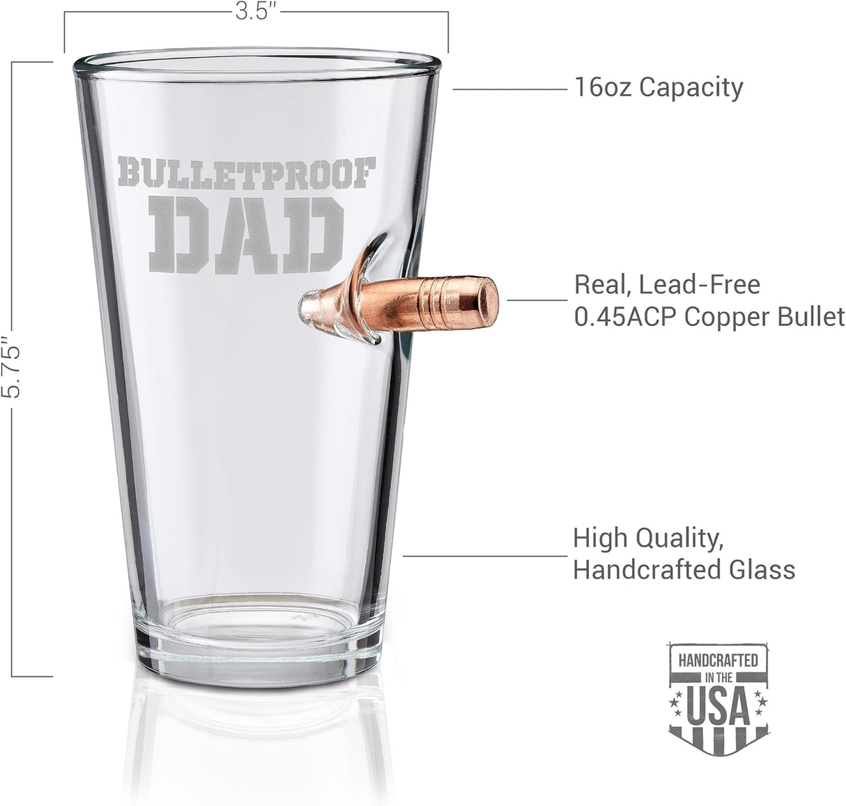 BenShot Bulletproof Dad Pint Glass with Real 0.50BMG Bullet - 16oz | Made in the USA