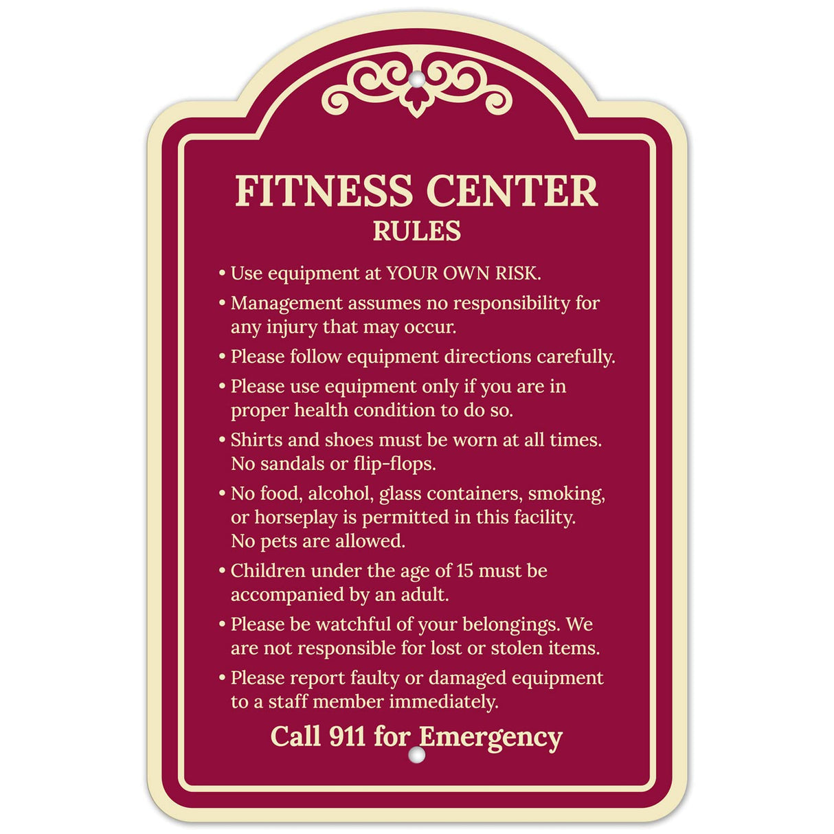 Sigo Signs, Fitness Center Rules Use Equipment at Your Own Risk Décor Sign, Green Light, 12x18 Inches, ACM, Fade Resistant, Made in USA
