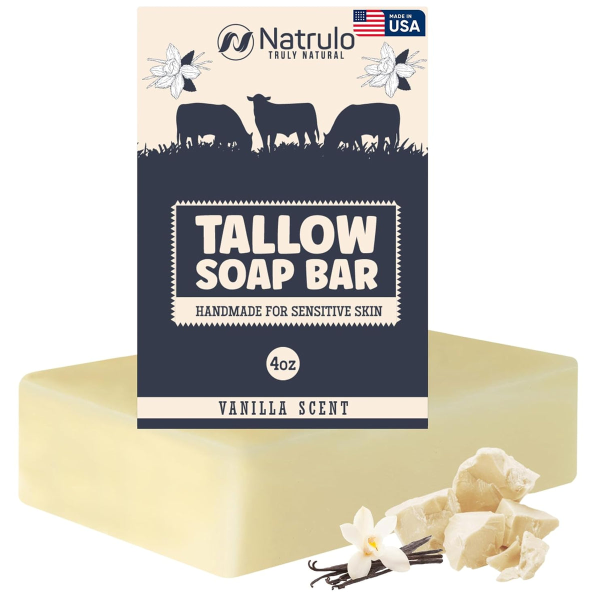 Beef Tallow Soap Bar – All Natural Grass Fed Tallow Soap Vanilla – Moisturizing Face & Body Wash Great for Eczema, Dry, Itchy, Sensitive Skin – Handcrafted Bath Soap for Adults, Kids, Made in USA