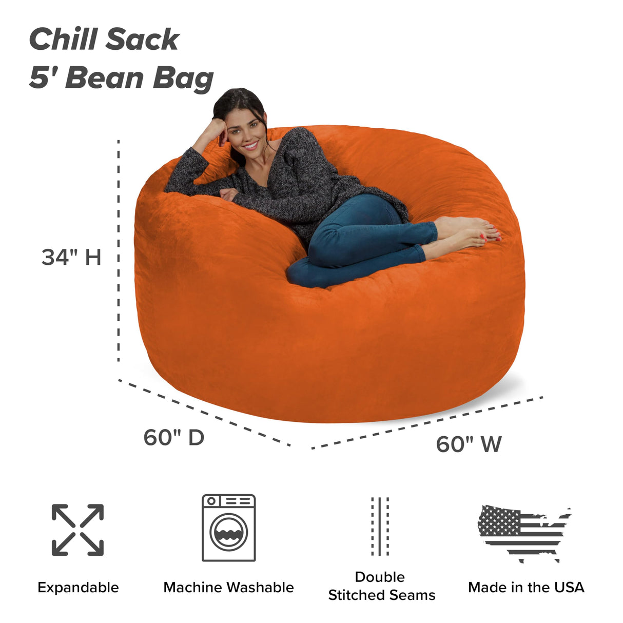 Chill Sack Bean Bag Chair: Giant 5' Memory Foam Furniture Bean Bag - Big Sofa with Soft Micro Fiber Cover - Black