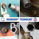 | 2-Sided ½” Drive Bolt Lug Nut Extractor Socket | RAZORGRIP Technology Extract Damaged Frozen Rusted Rounded-Off Lug Nuts and Wheel Bolts | Fit Standard Vehicles | Made in USA Steel