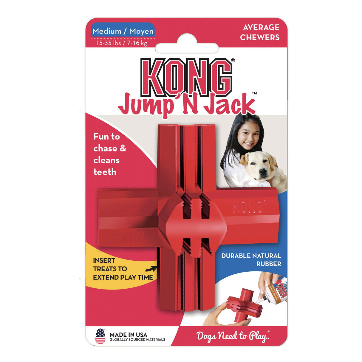 KONG Jump'N Jack - Dog Toy for Chewing Instincts- Natural Rubber Toy Promotes Dental Health - Use with Dog Treats or Peanut Butter for Extended Entertainment - for Large Dogs