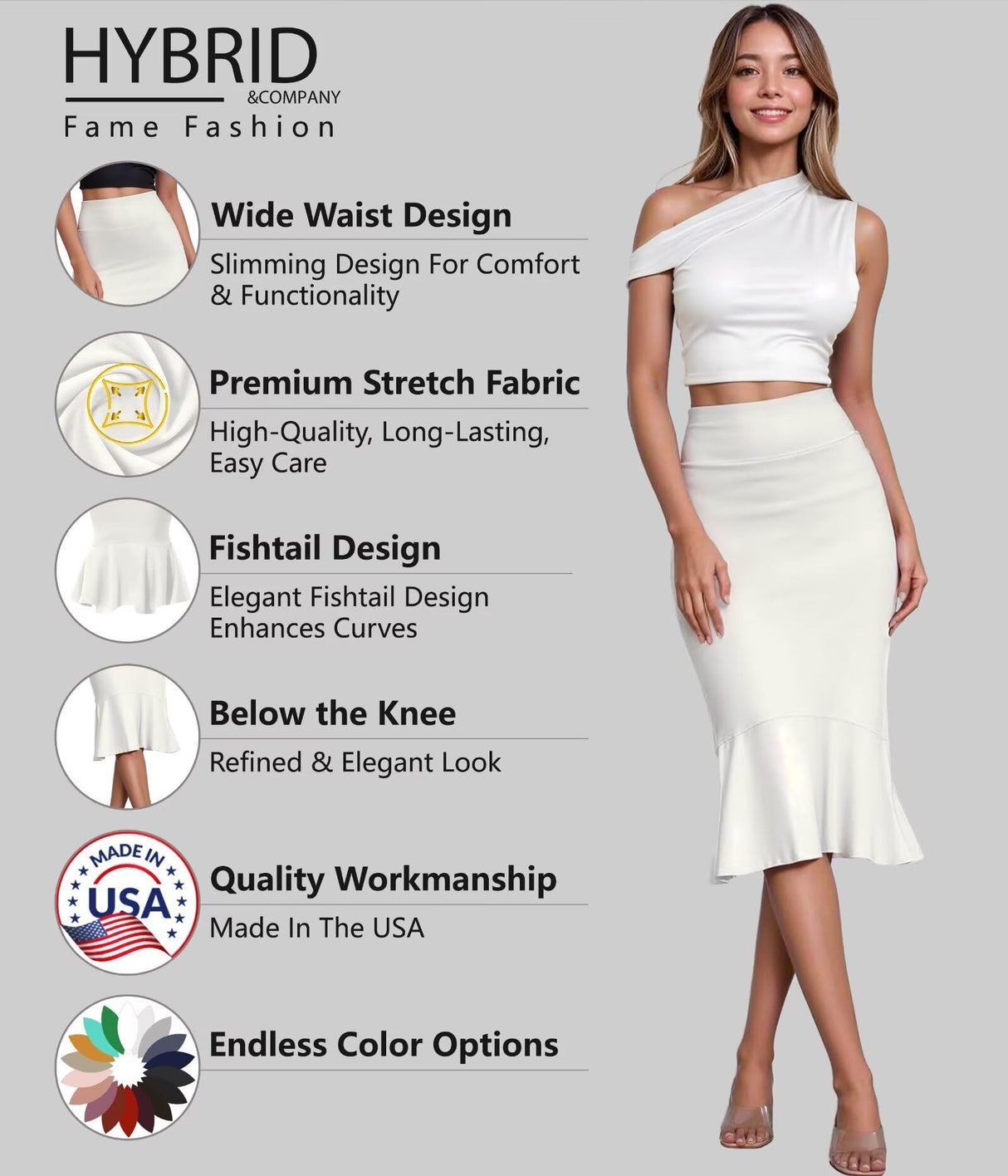 Hybrid & Company Womens Premium Nylon Ponte Stretch Office Fishtail Pencil Skirt High Waist Made in The USA Below Knee